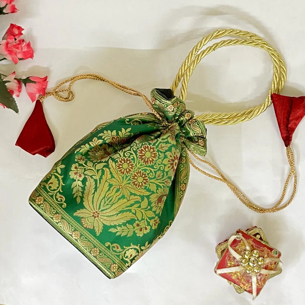 Green Elegance Banarasi Potli Bags - Image 5