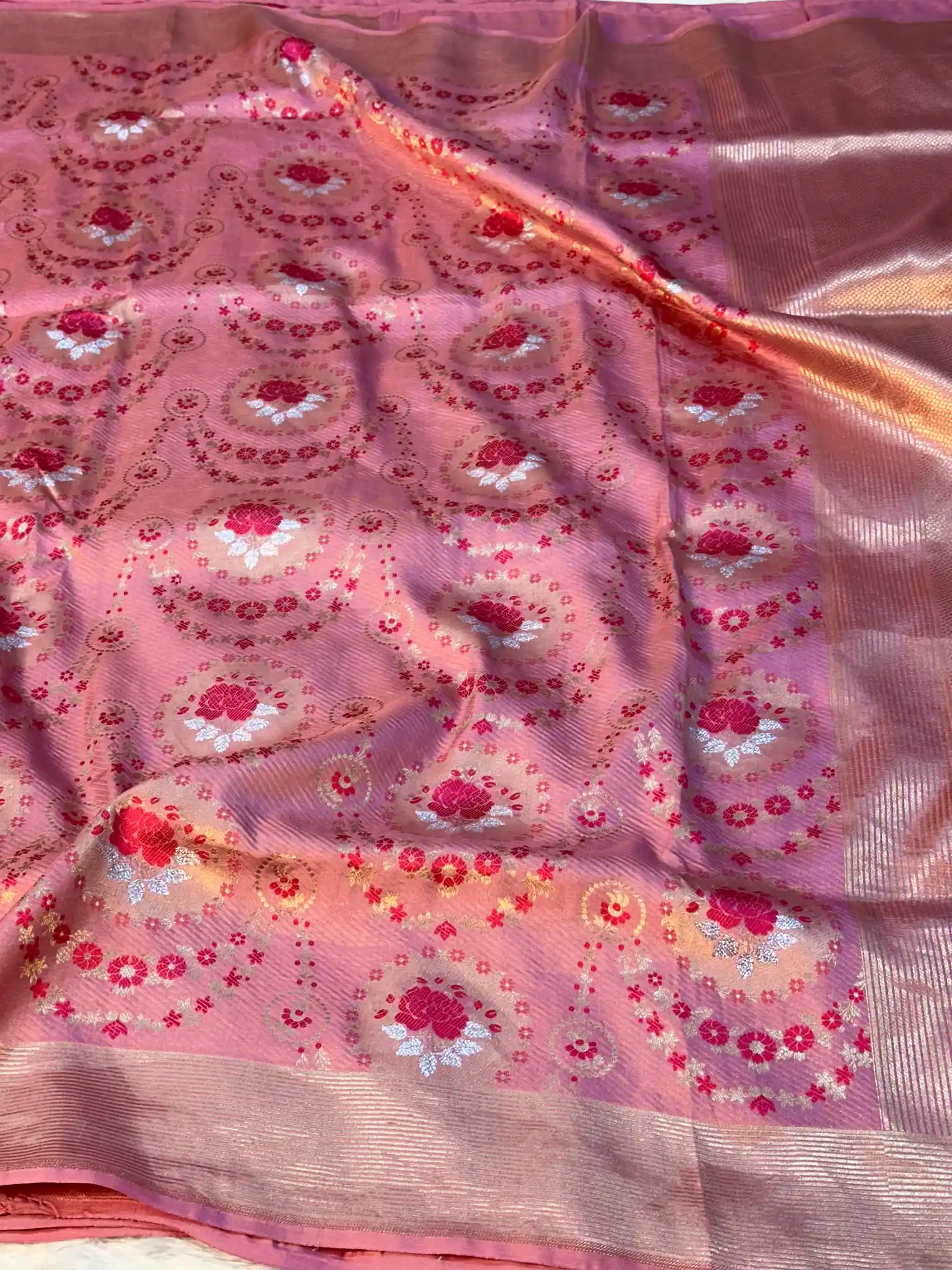 Baby Pink Pure Katan Silk Rose Boota Meenakari Banarasi Saree - Image 4
