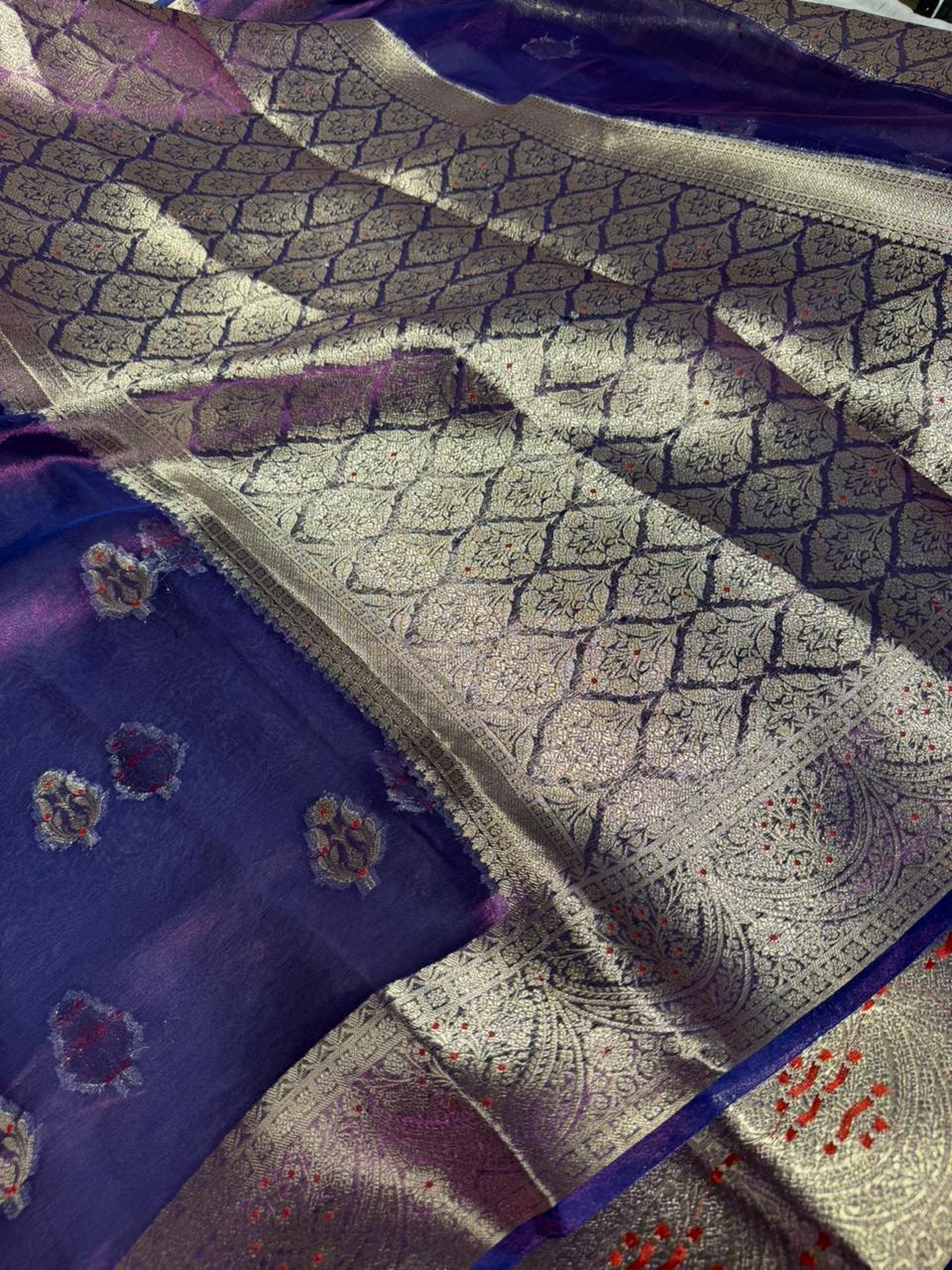 Baigani Shade Pure Tissue silk Meenakari Banarasi Saree - Image 2
