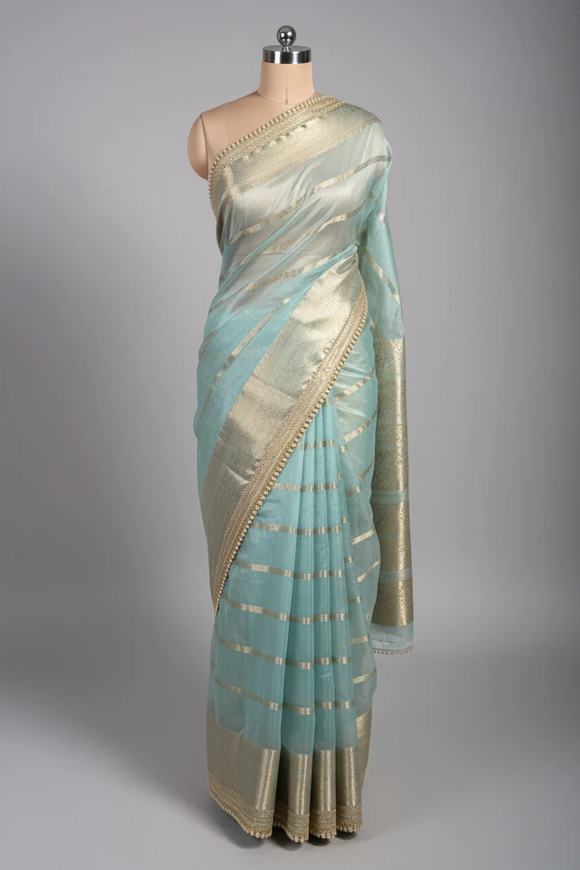 Pastel Sea Blue Kora Organza Silk Lace Attached Banarasi Saree - Image 2