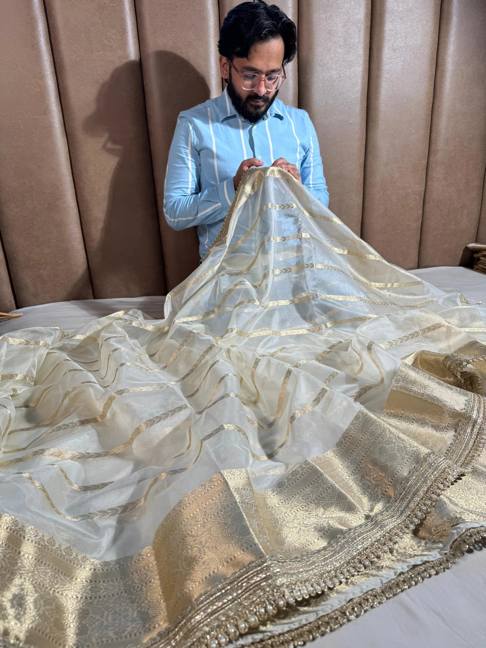 Ivory banarasi organza silk saree with premium lace work - Image 3