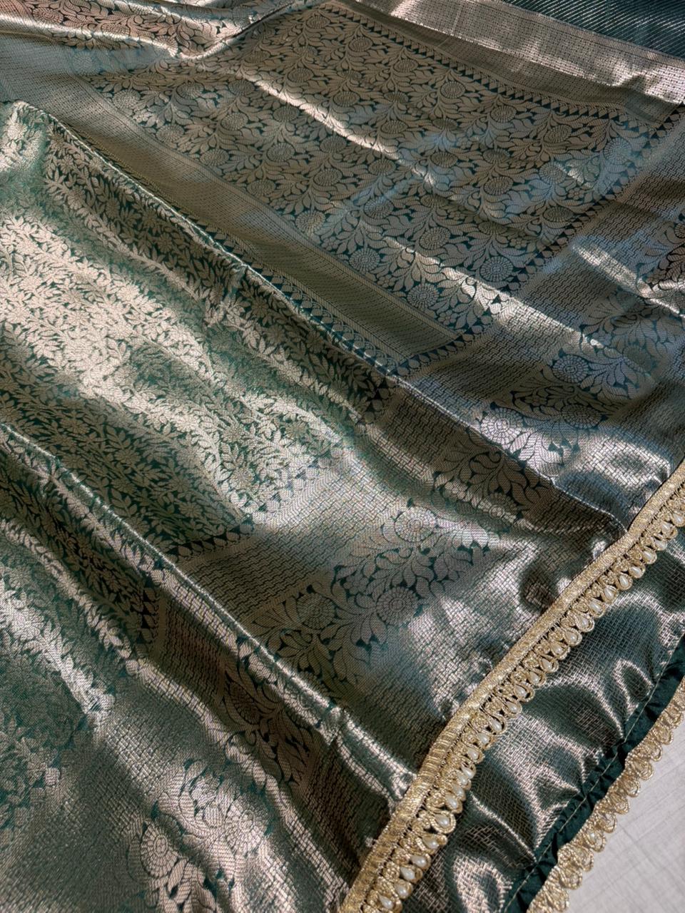 Bottle Green Kanjivaram Tissue Silk Designer Lace Work Banarasi Saree - Image 2