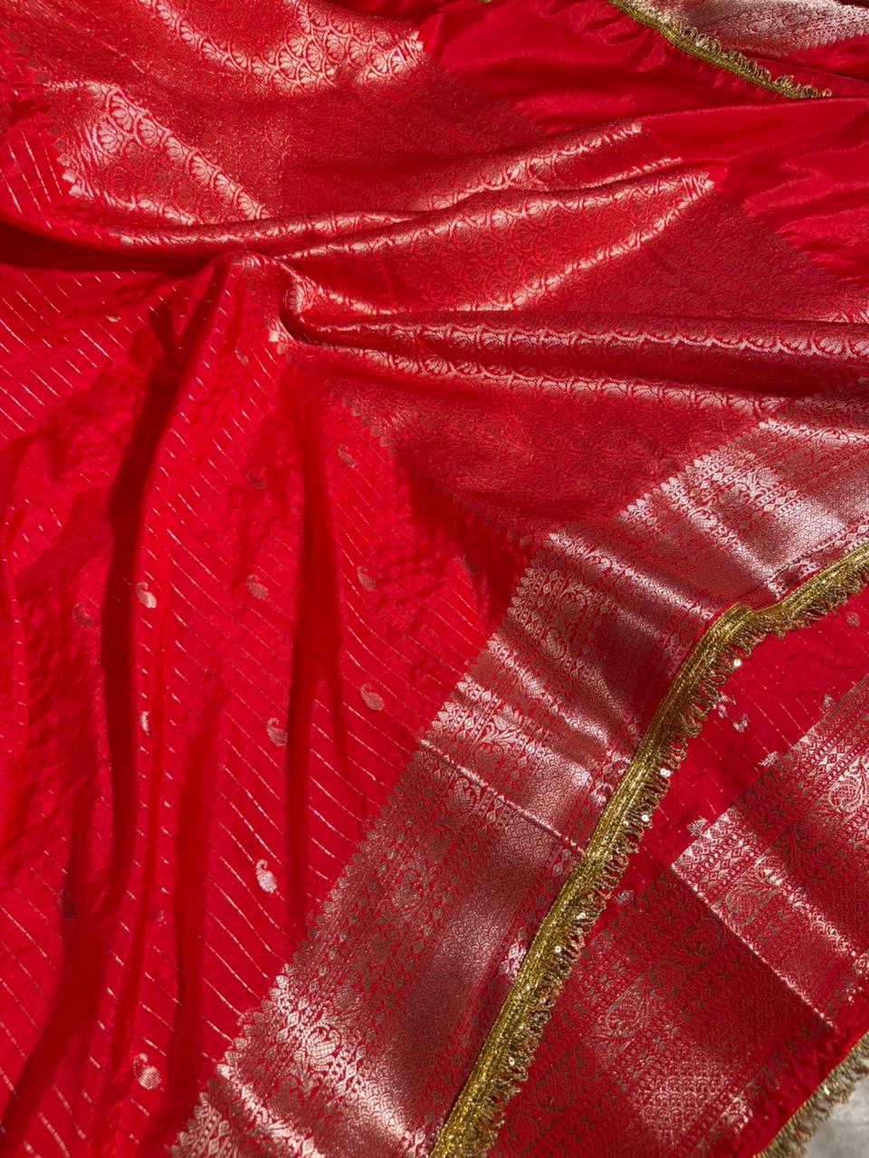 Bridal Red Chinia Silk Designer Lace Work Banarasi saree - Image 2
