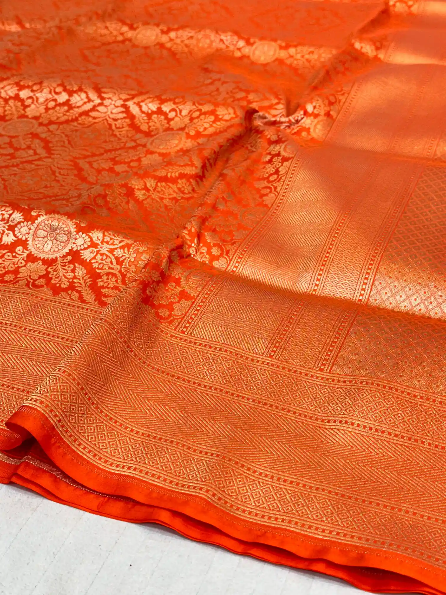 Bright Orange Brocade Pure Katan Silk Saree - Image 2