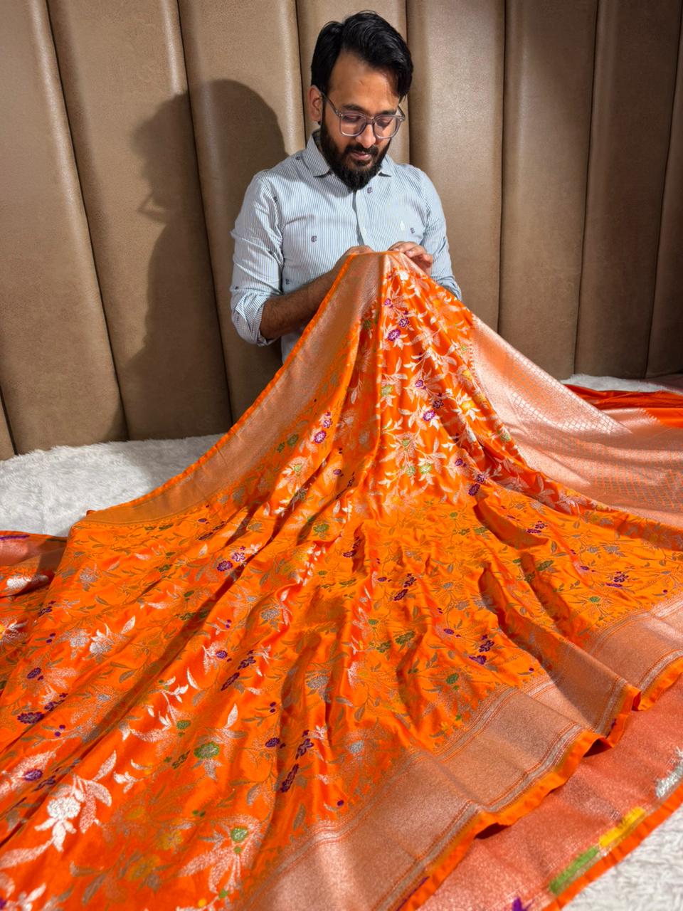 Bright Orange Mashru Katan Silk Meenakari Intricate Weave Banarasi Saree - Image 4