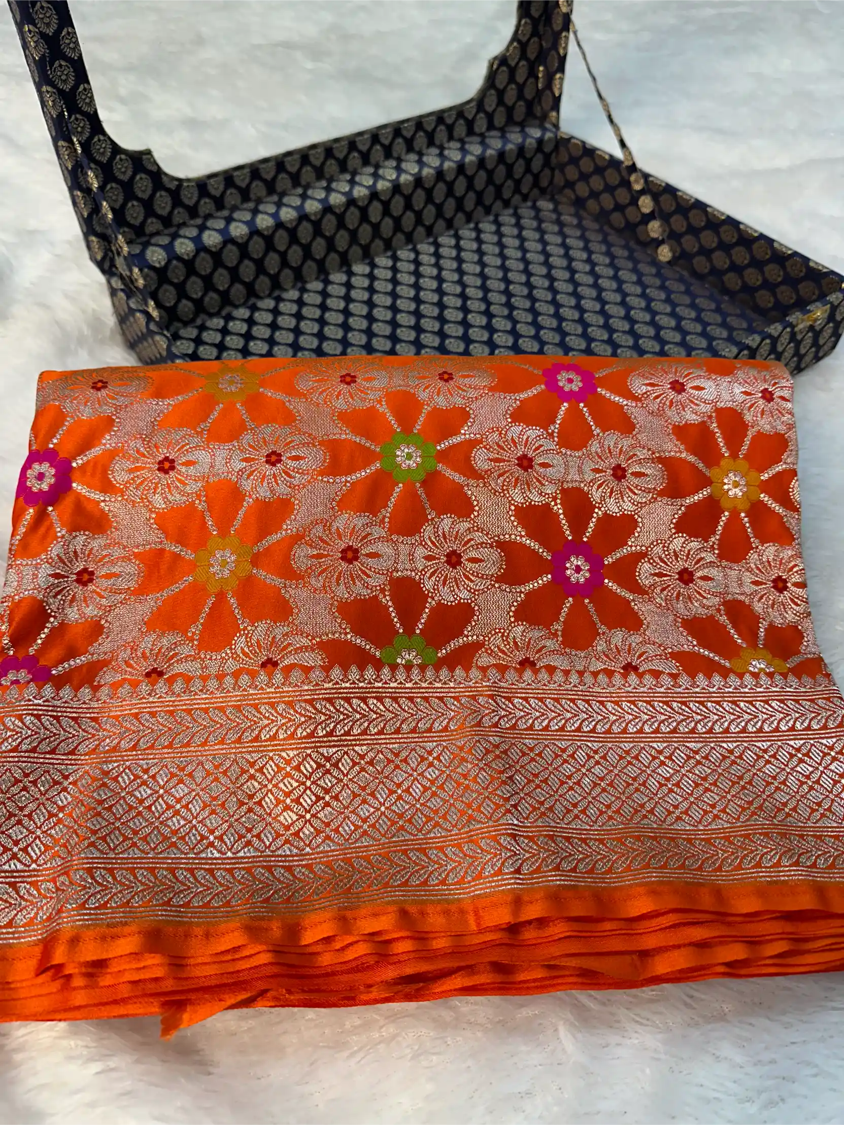 Bright Orange Mashru Katan Silk Meenakari Weave Banarasi Saree - Image 2