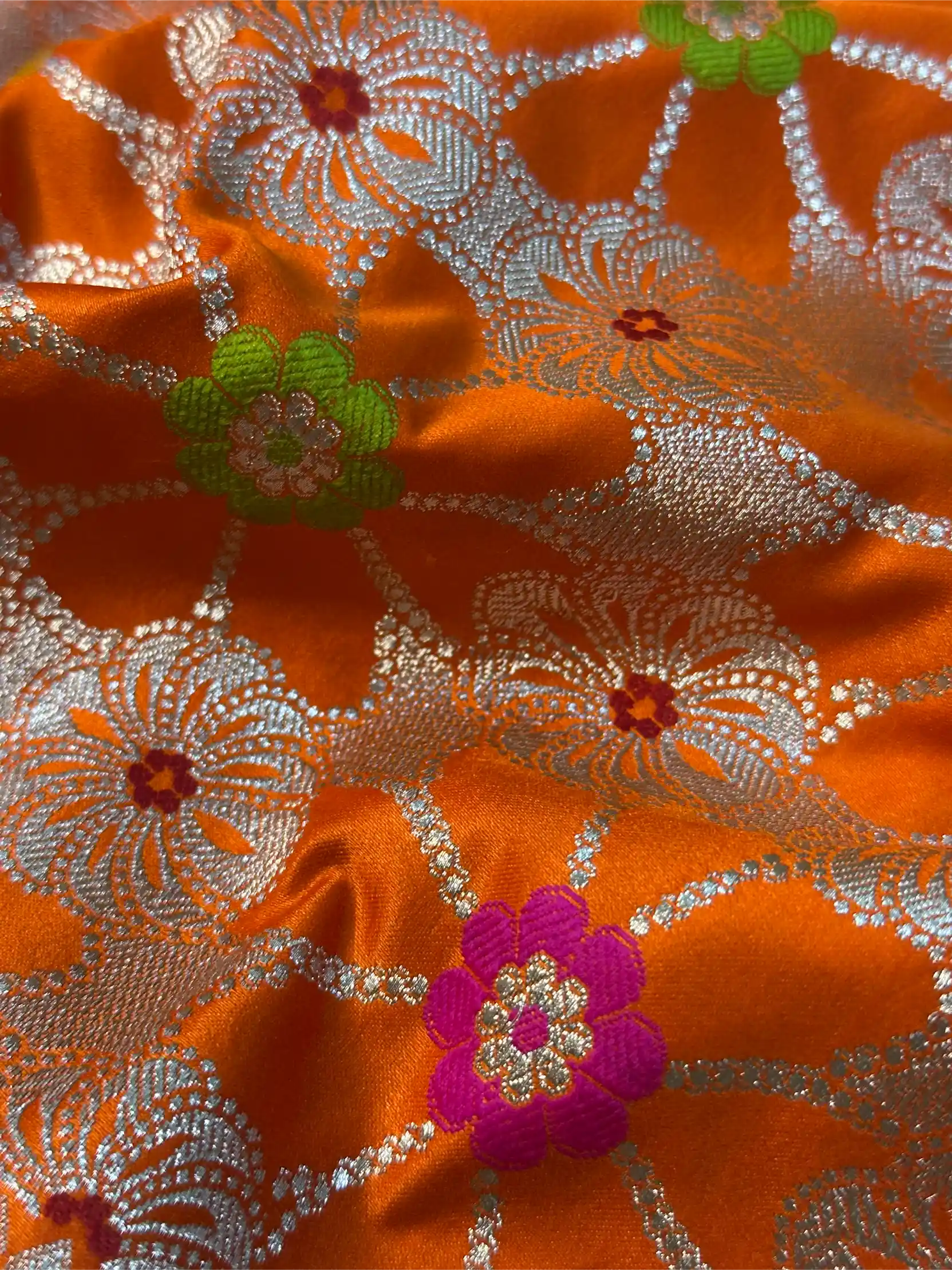 Bright Orange Mashru Katan Silk Meenakari Weave Banarasi Saree - Image 6