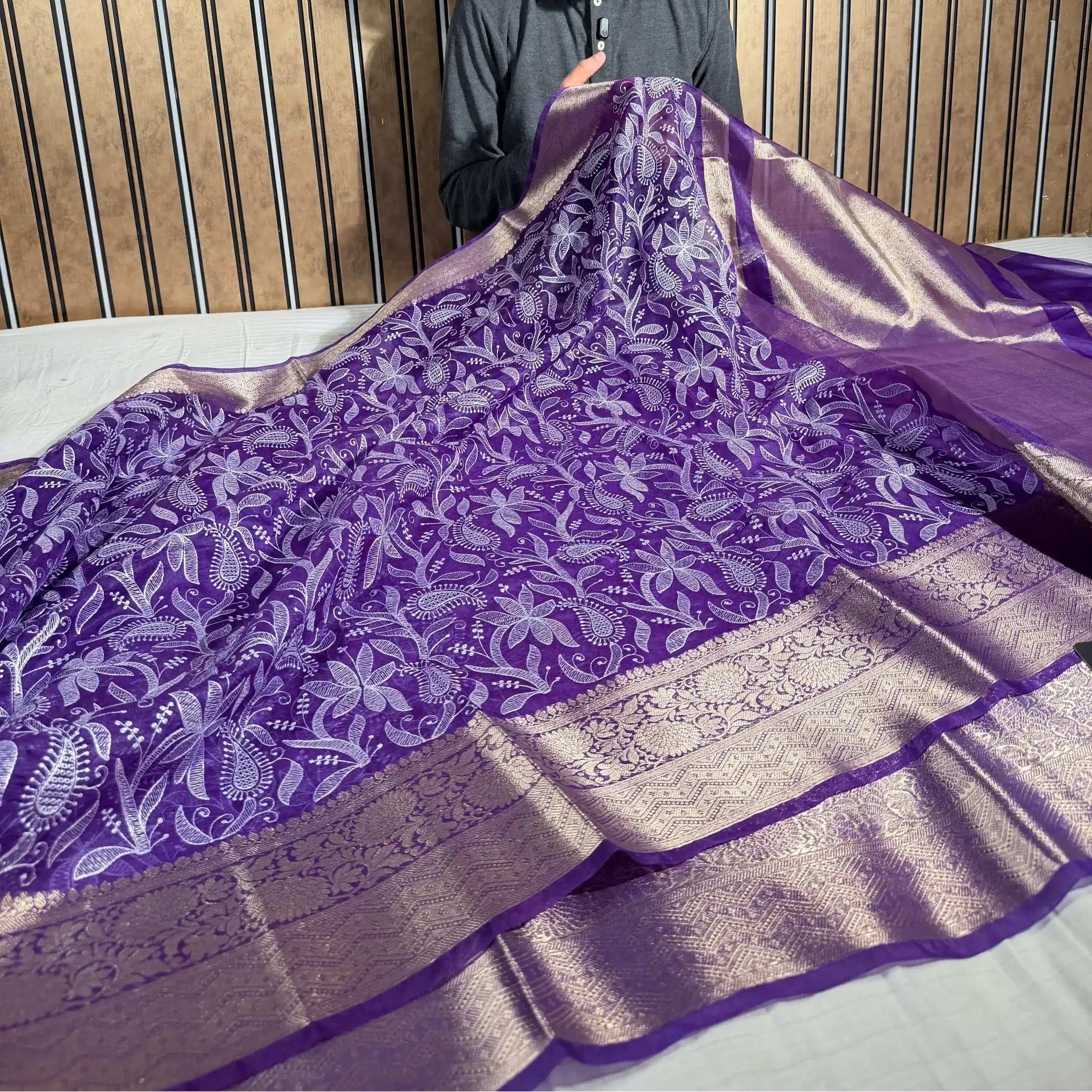 Bright Purple Kora Organza Chikankari Embroidered Banarasi Saree - Image 3