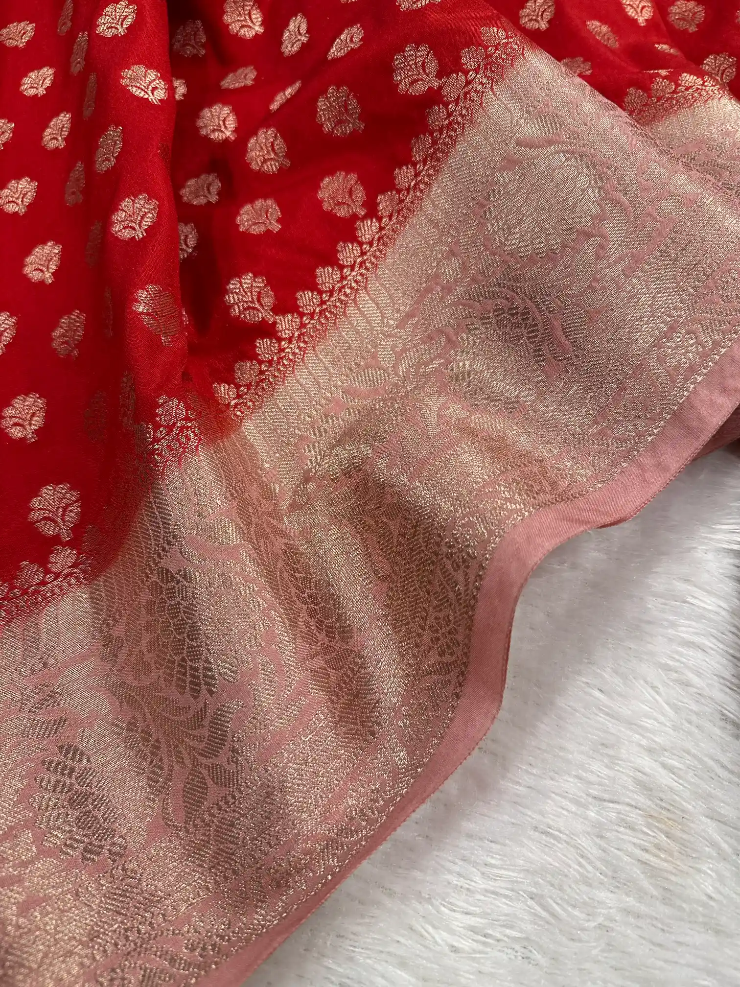 Bright Red Khaddi Buti Chinia Silk Banarasi Saree - Image 2