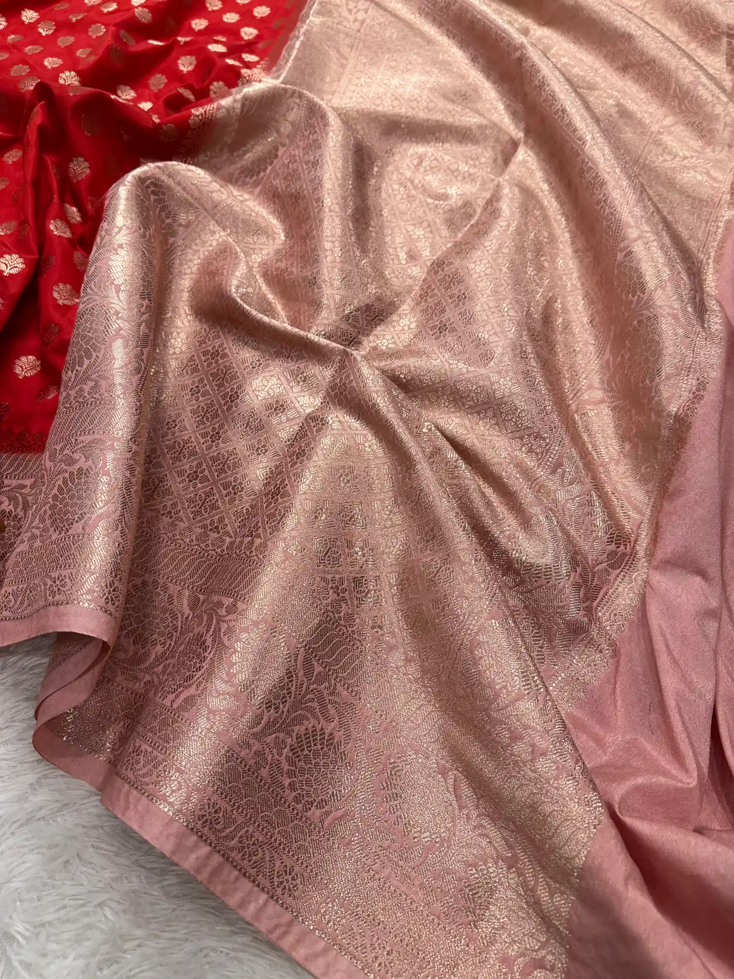 Bright Red Khaddi Buti Chinia Silk Banarasi Saree - Image 3