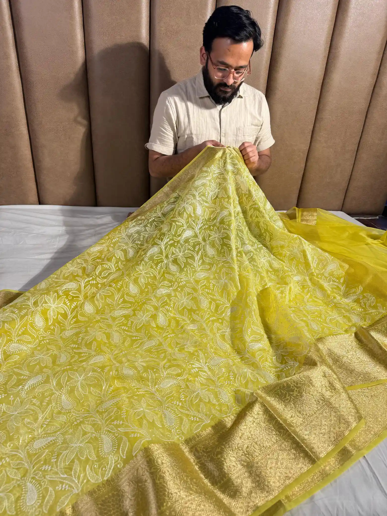 Bright Yellow Organza Silk Chikankari Work Banarasi Saree - Image 3