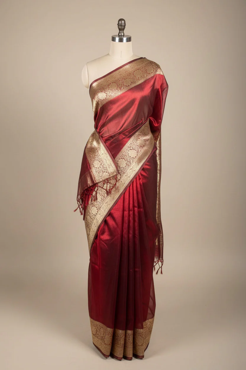 Carmine Maroon Pure Tissue Silk Banarasi Saree - Image 2