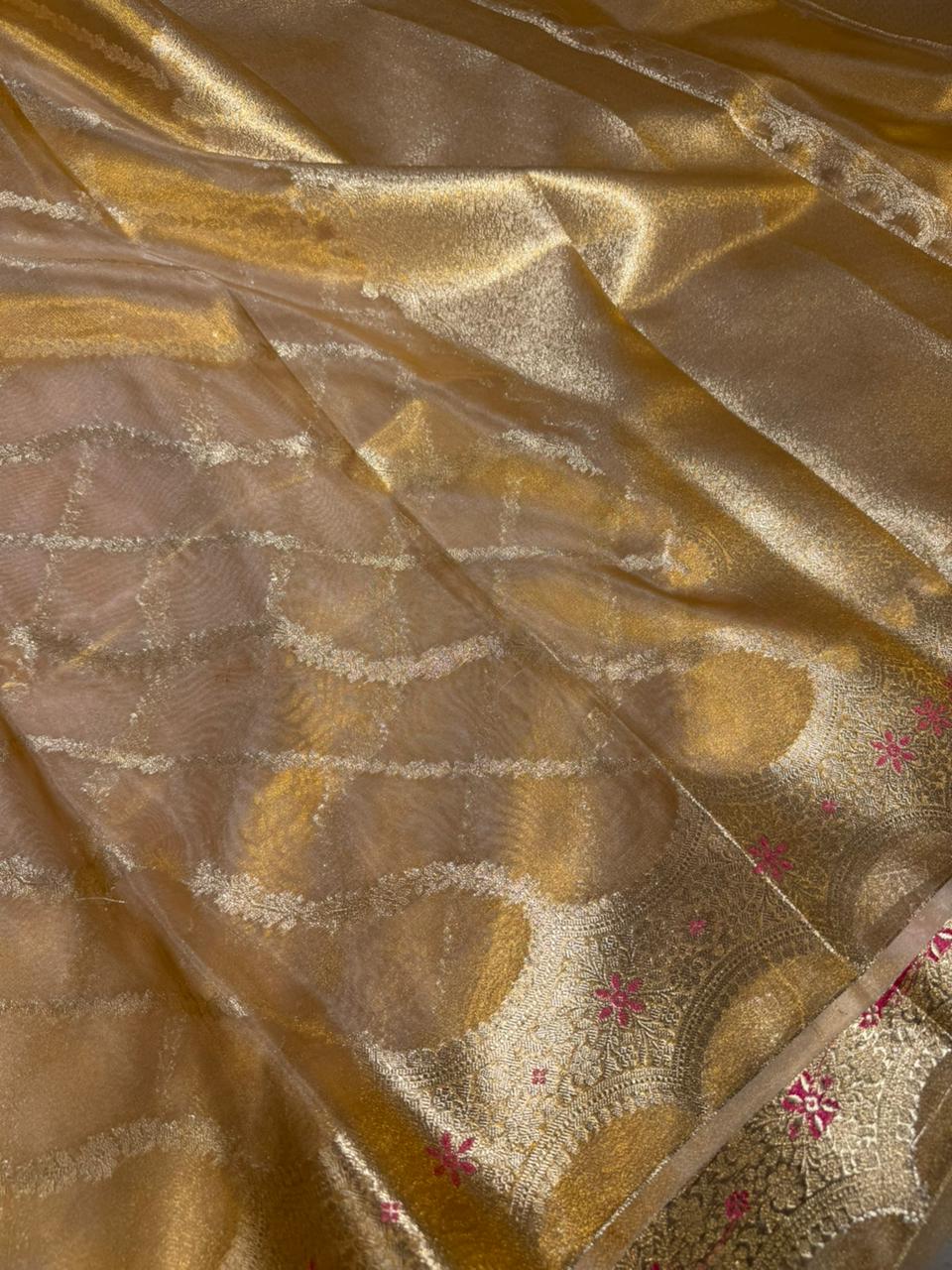Copper Tissue Silk Stripe Weave Banarasi Saree - Image 2