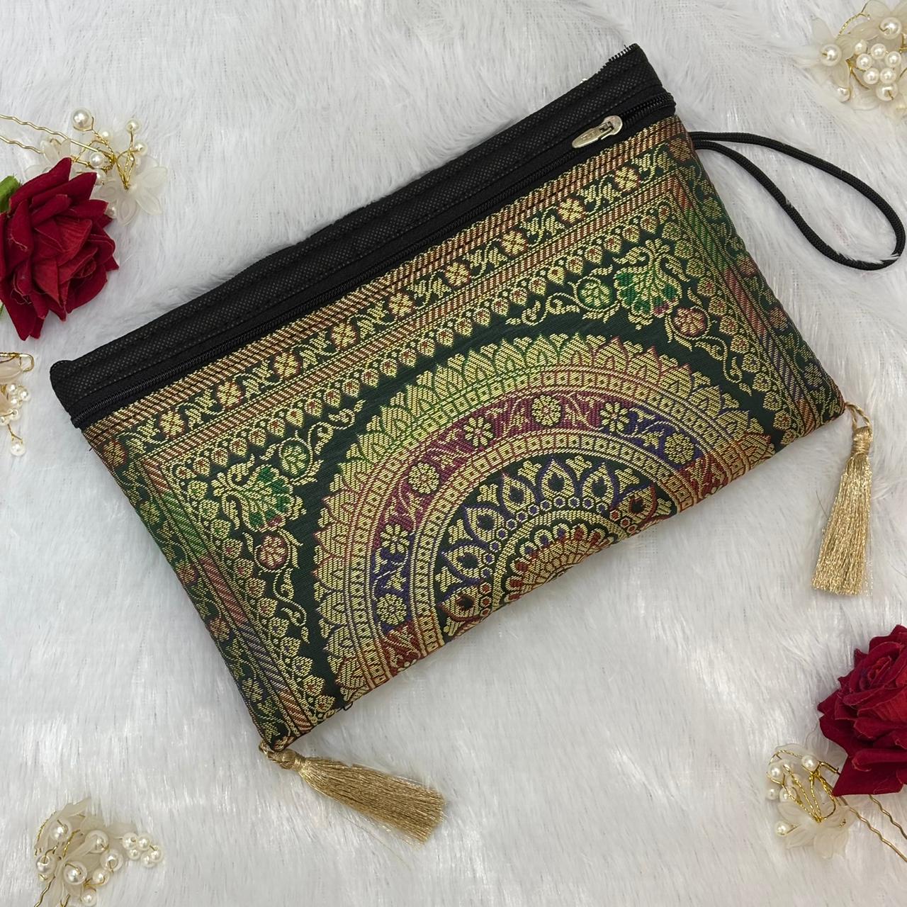 Dark Bottle Green Shade Handmade Banarasi Women Wallet - Image 2