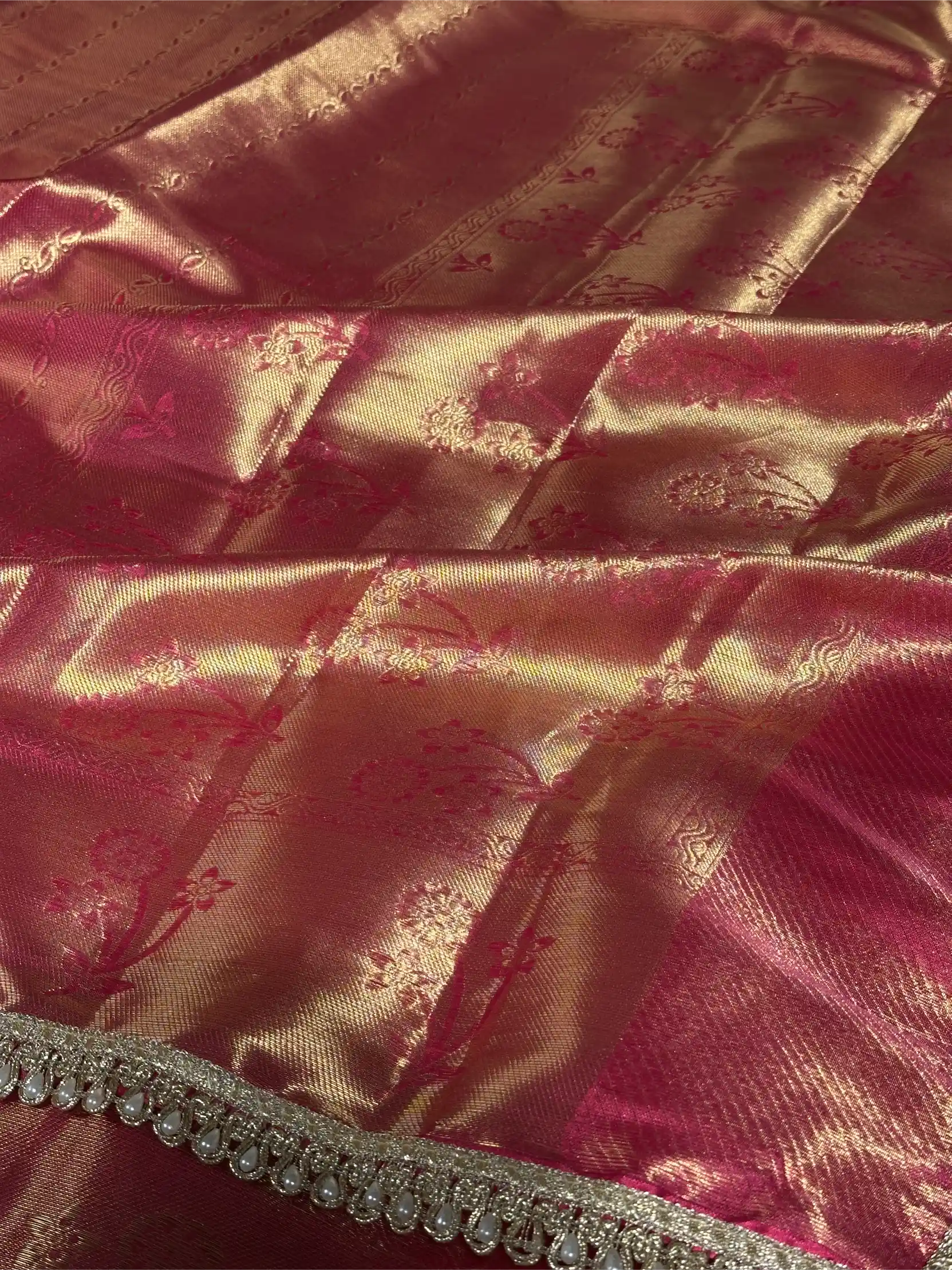 Dark Rani Brocade Tissue Silk Designer Lace Work Banarasi Saree - Image 4