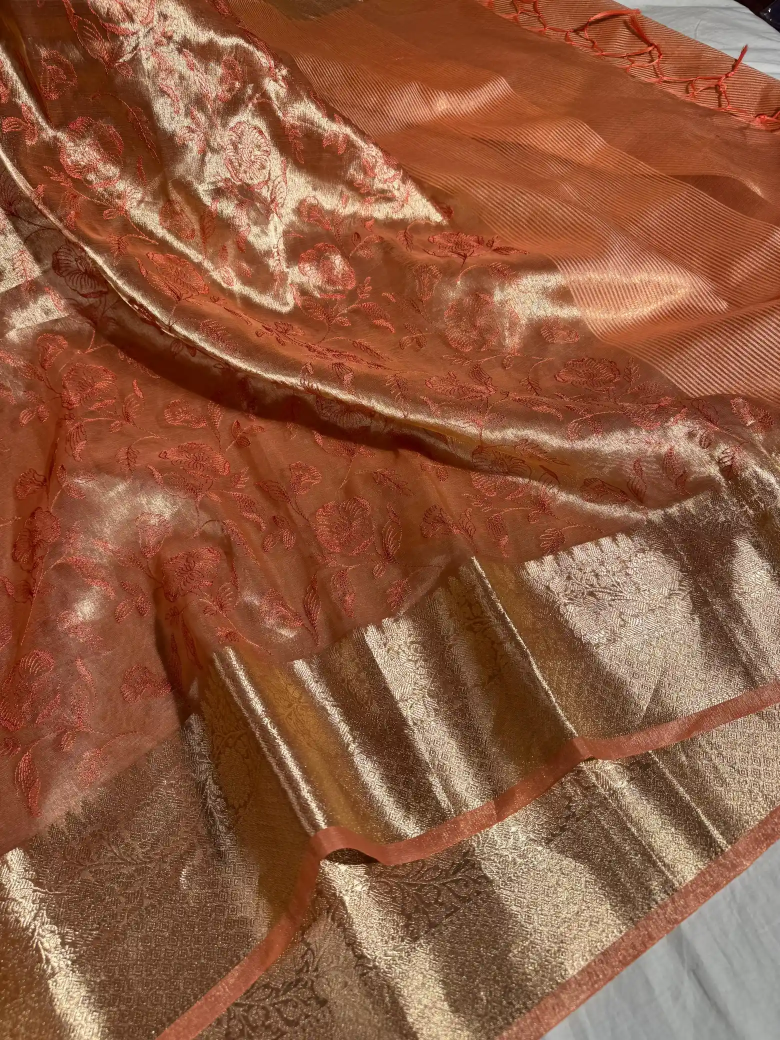Dark Salmon Banarasi Tissue Chikankari Saree with Rich Pallu & Blouse - Image 2