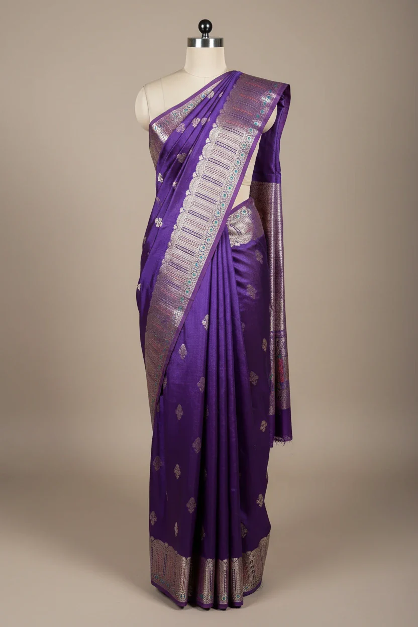 Deep Purple Chinia Silk Intricate Meenakari Weave Border Banarasi Saree