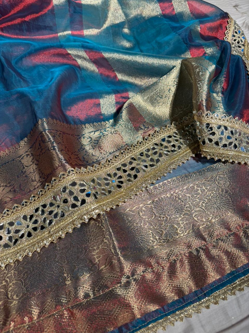 Dhoop Chaon Rare German Blue Shade Tissue Silk Dedo Banarasi Saree - Image 2