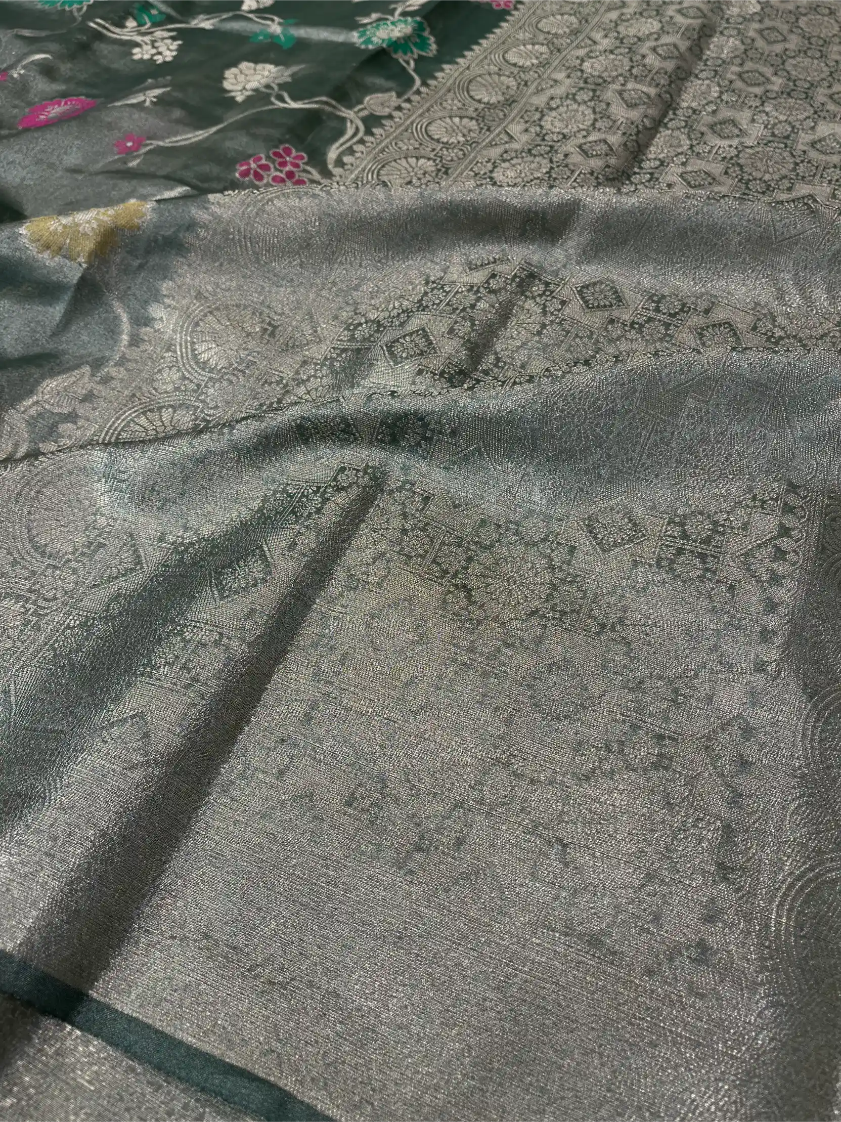 Dusty Green Tissue Silk Meenakari Banarasi Saree - Image 4