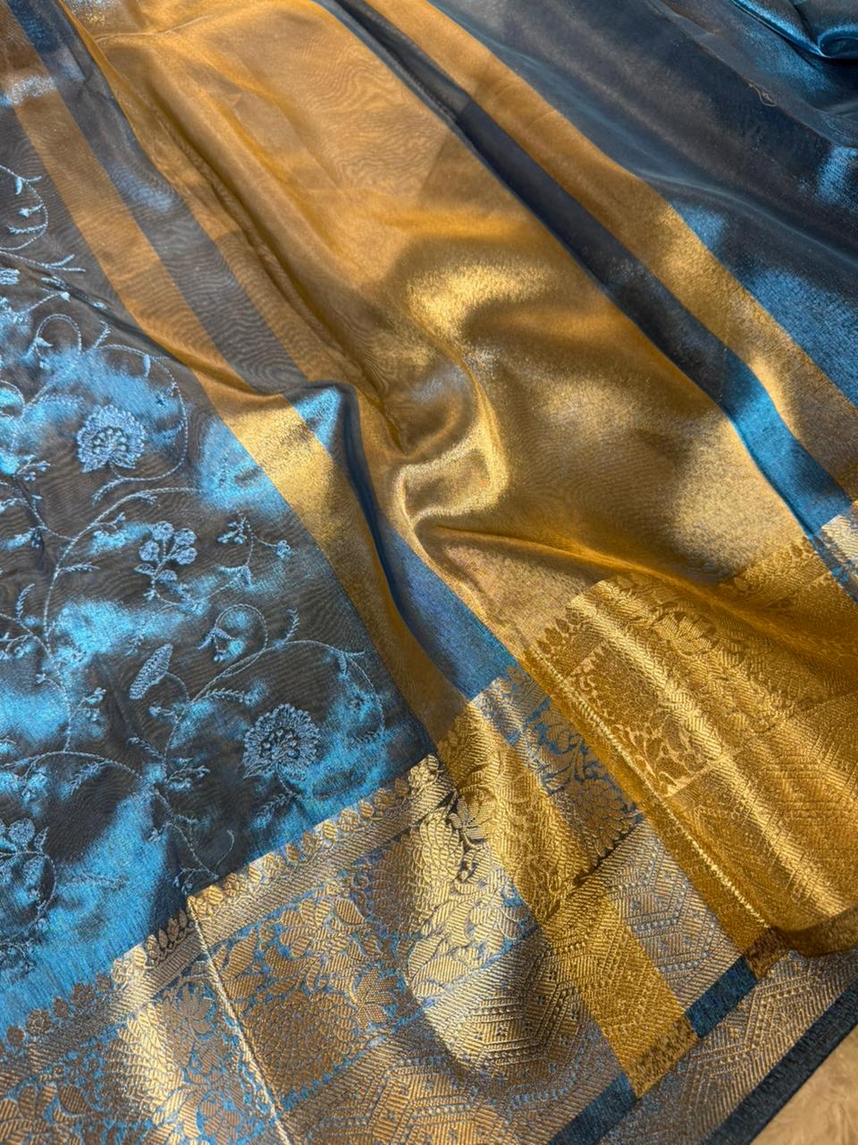 Emerald Blue Soft Tissue Silk Chikankari Embroidered Banarasi Saree - Image 2
