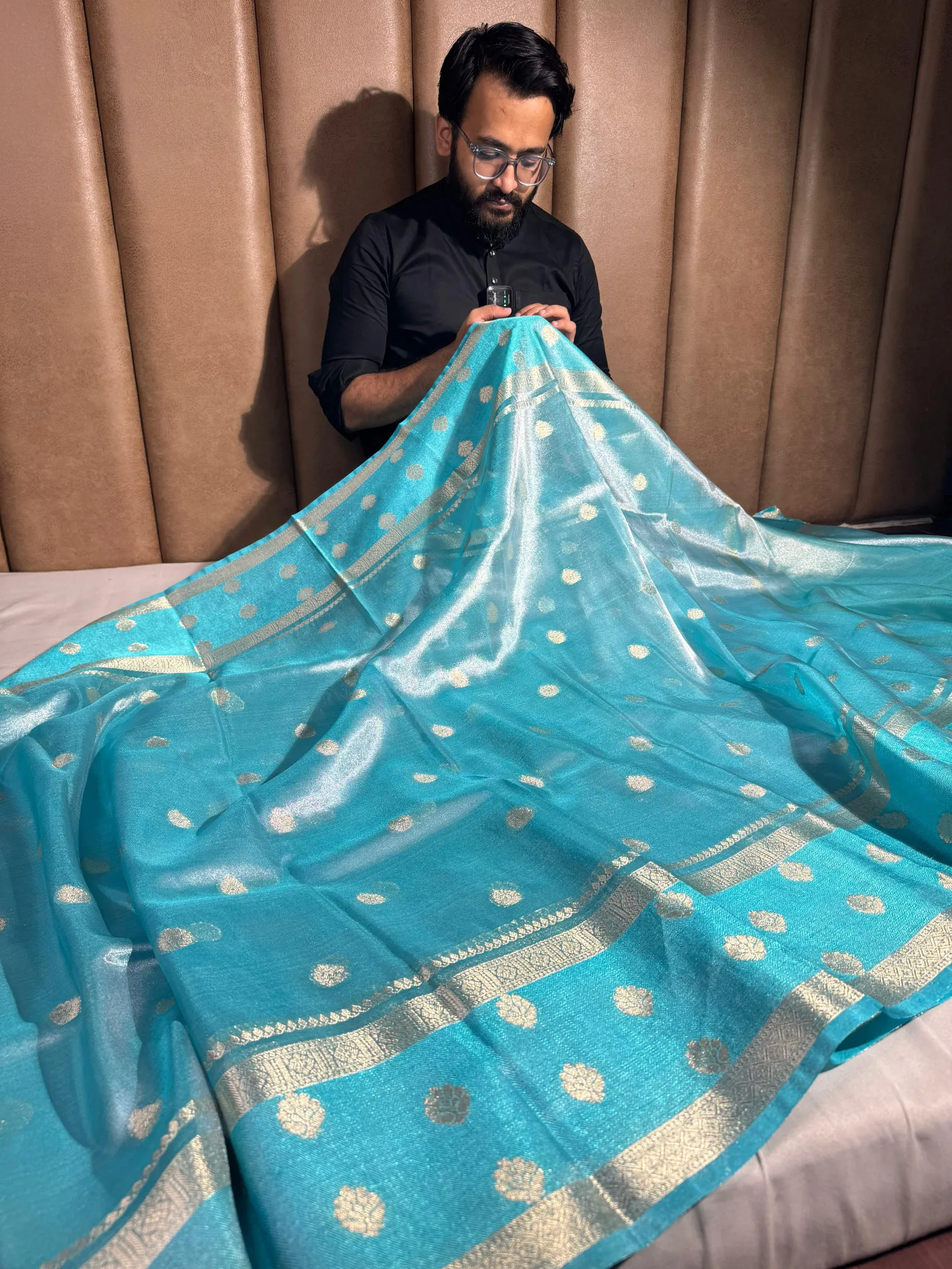 Firozi blue soft tissue silk Banarasi saree - Image 3