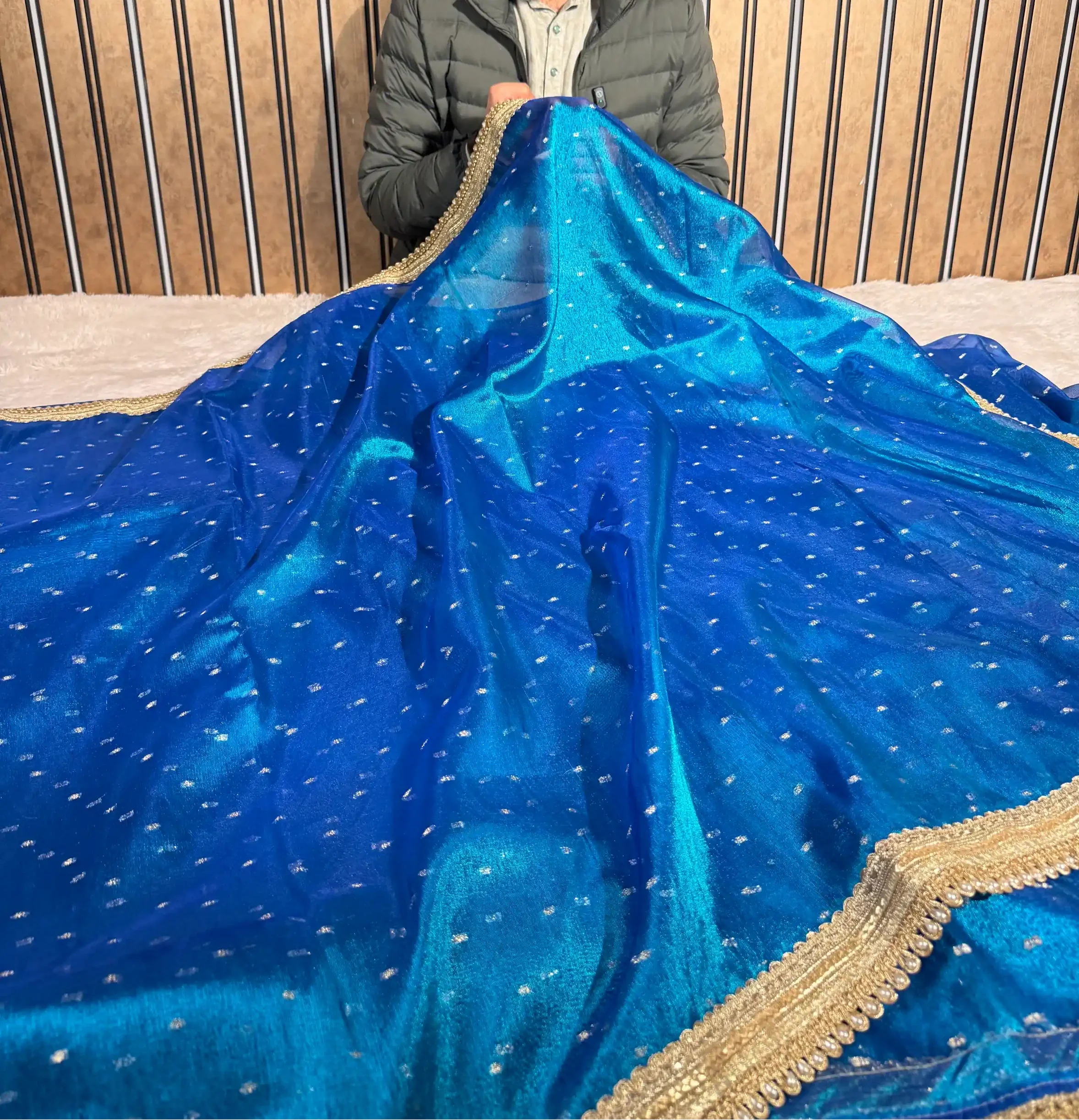 Firozi Blue Tissue Silk Designer Lace Work Banarasi Saree - Image 2