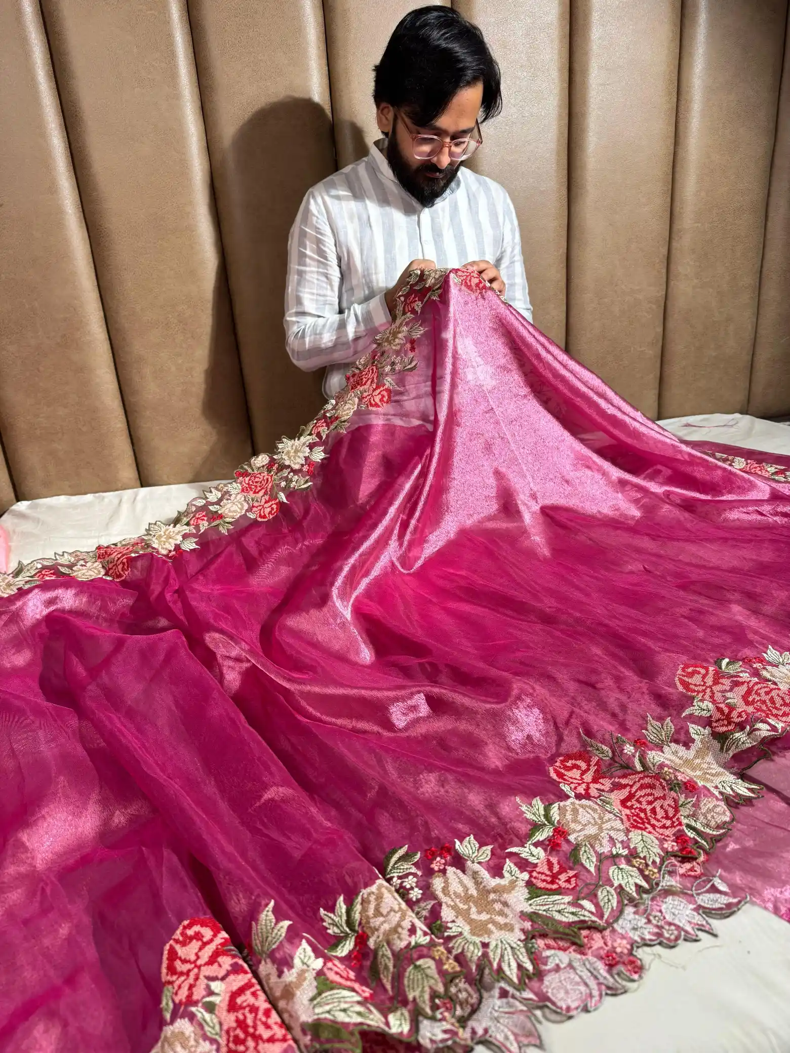 Full Pink Tone Tissue Silk Saree with Crochet work and pallu work - Image 3