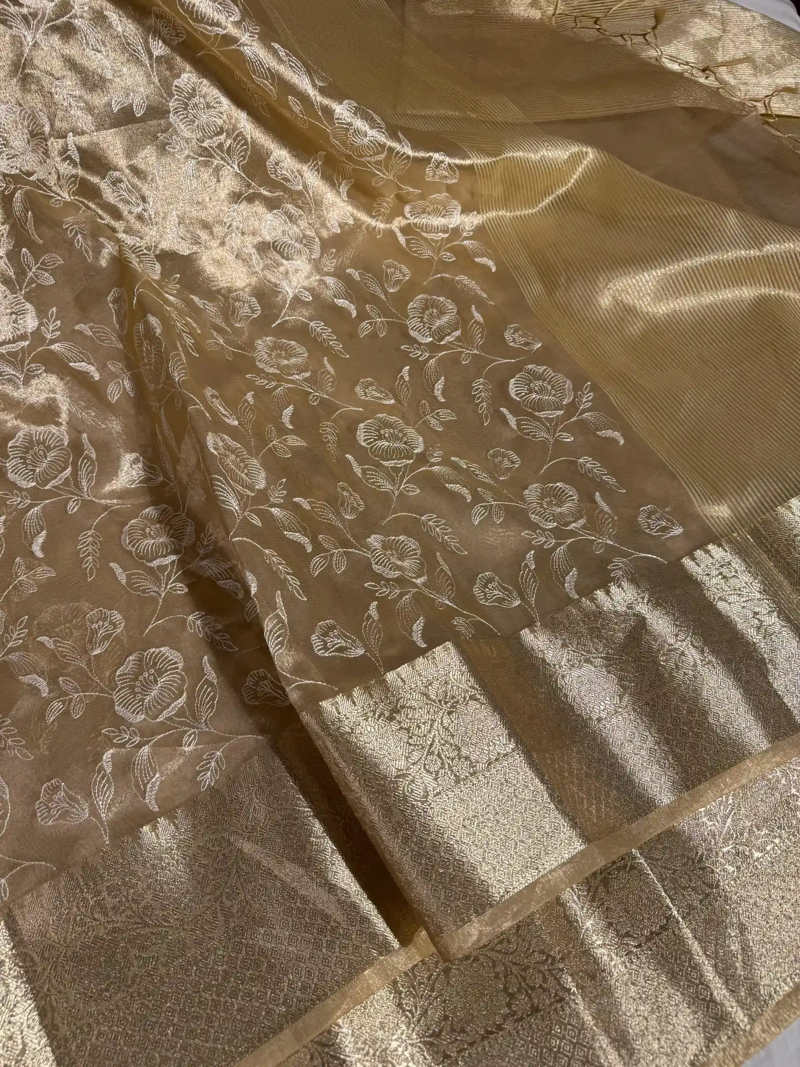 Golden Banarasi Tissue Chikankari Saree with Rich Pallu & Blouse - Image 2