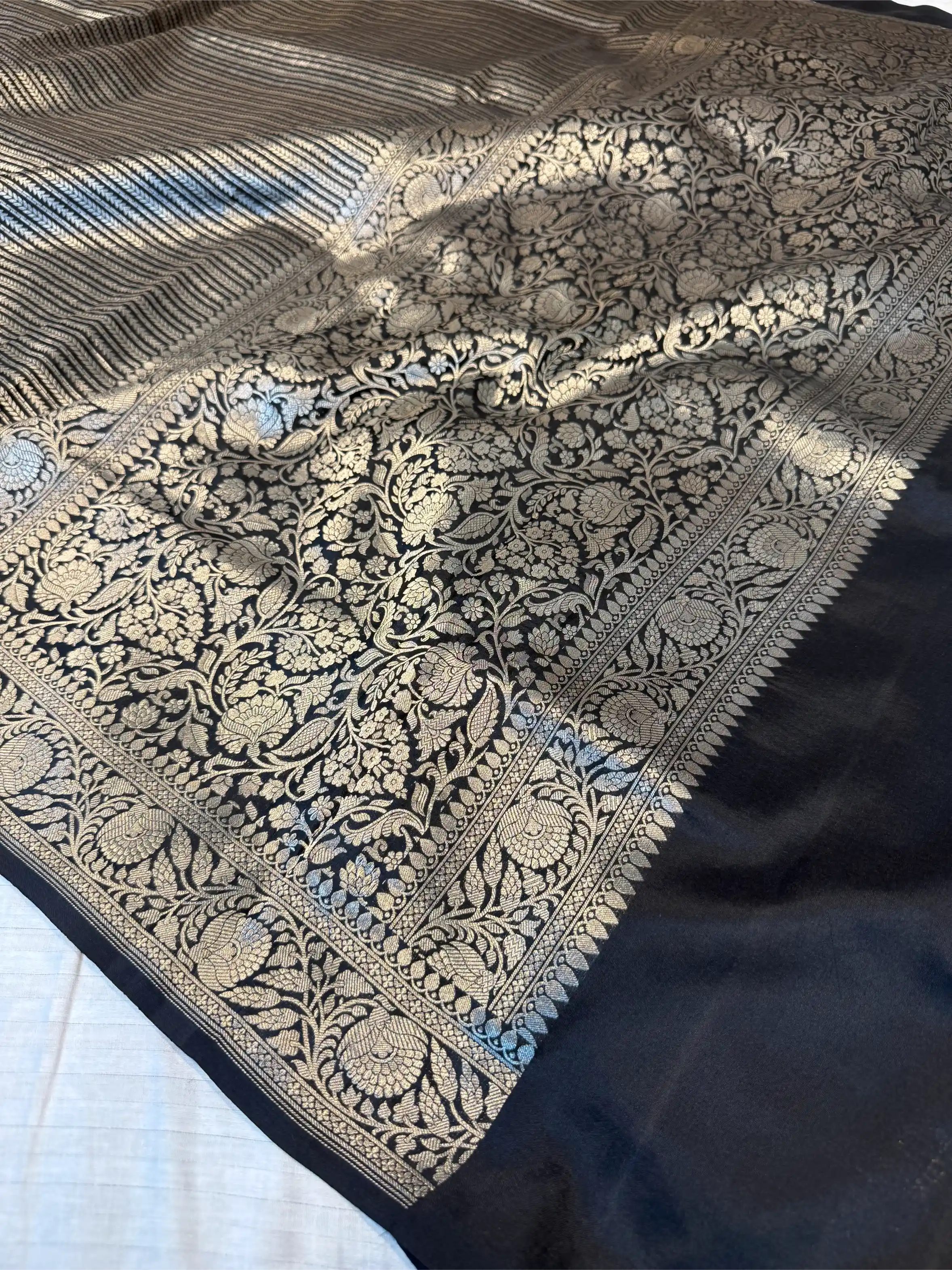 Jet Black Pure Katan Silk Silver Zari Intricate Weave Banarasi Saree - Image 4