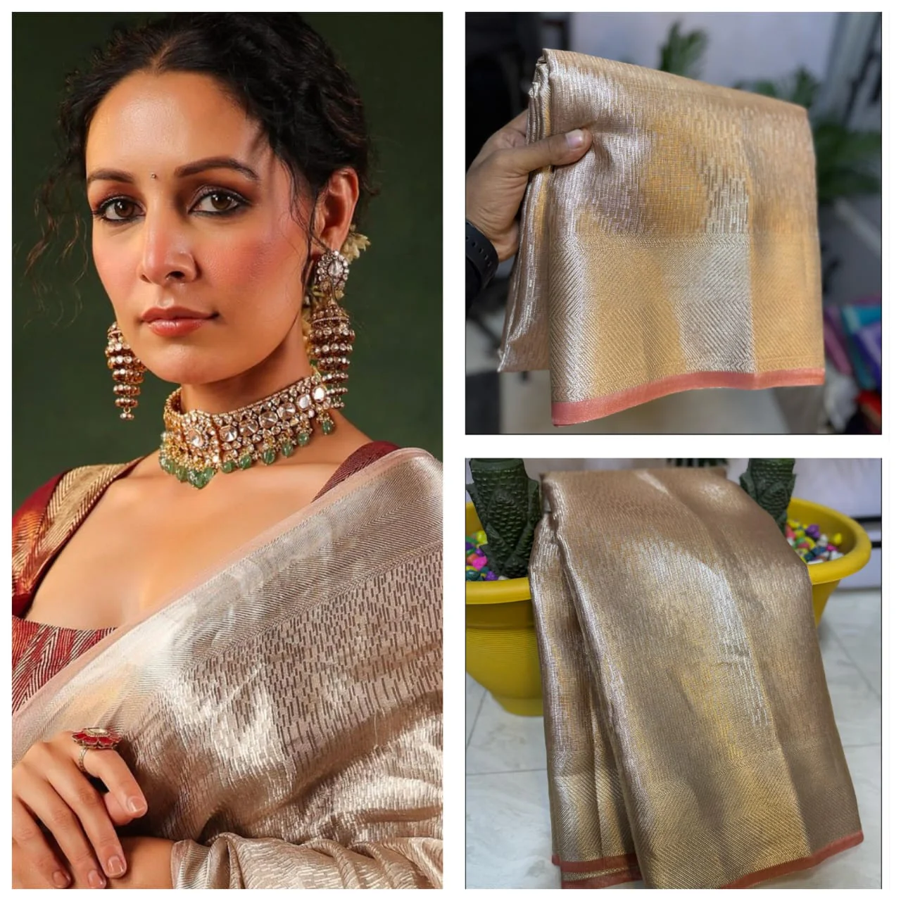 Dual Shaded Glass Tissue Silk Kanjivaram Brocade Saree - Image 5
