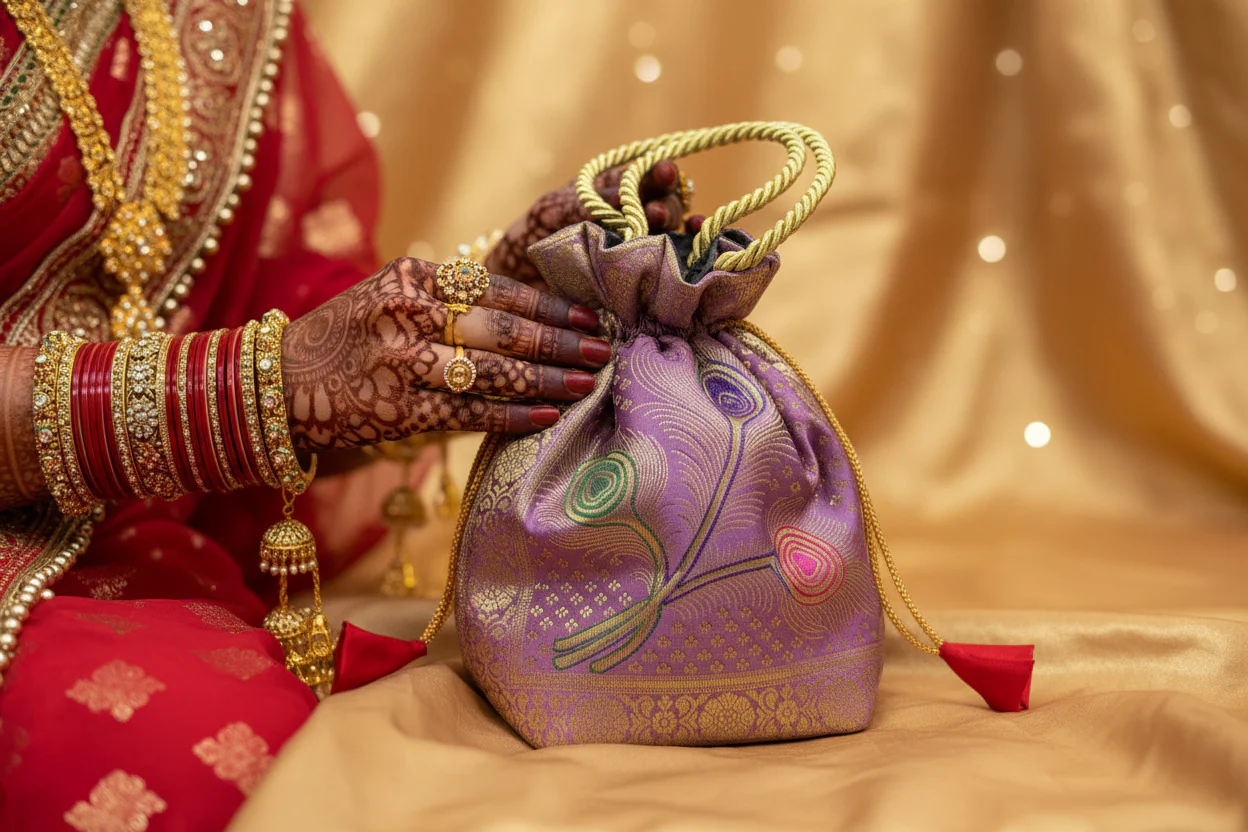 Lavender Shade Banarasi Potli Bags