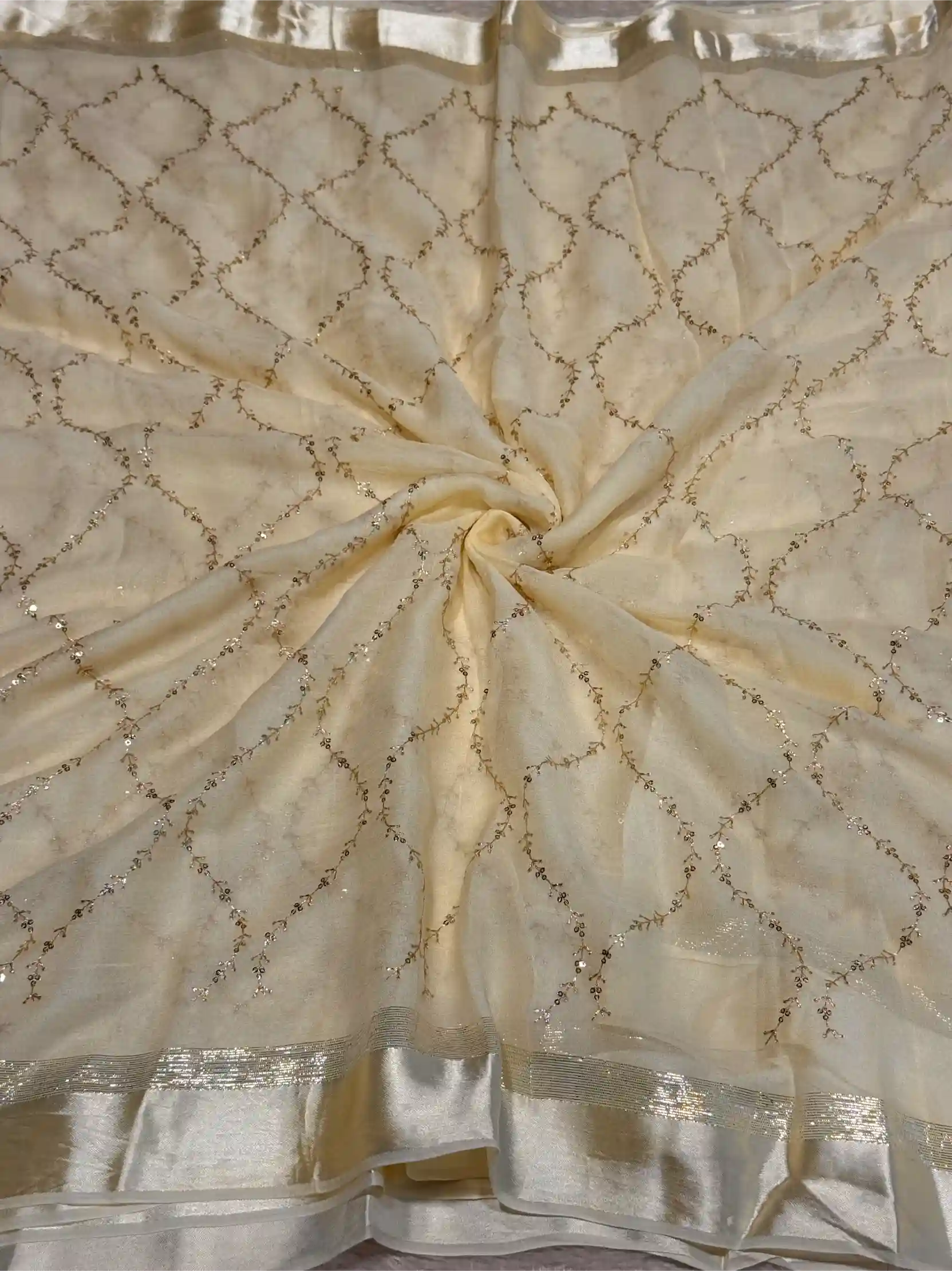 Light Cream Viscose Georgette Silk Embroidered Work Banarasi Saree - Image 2