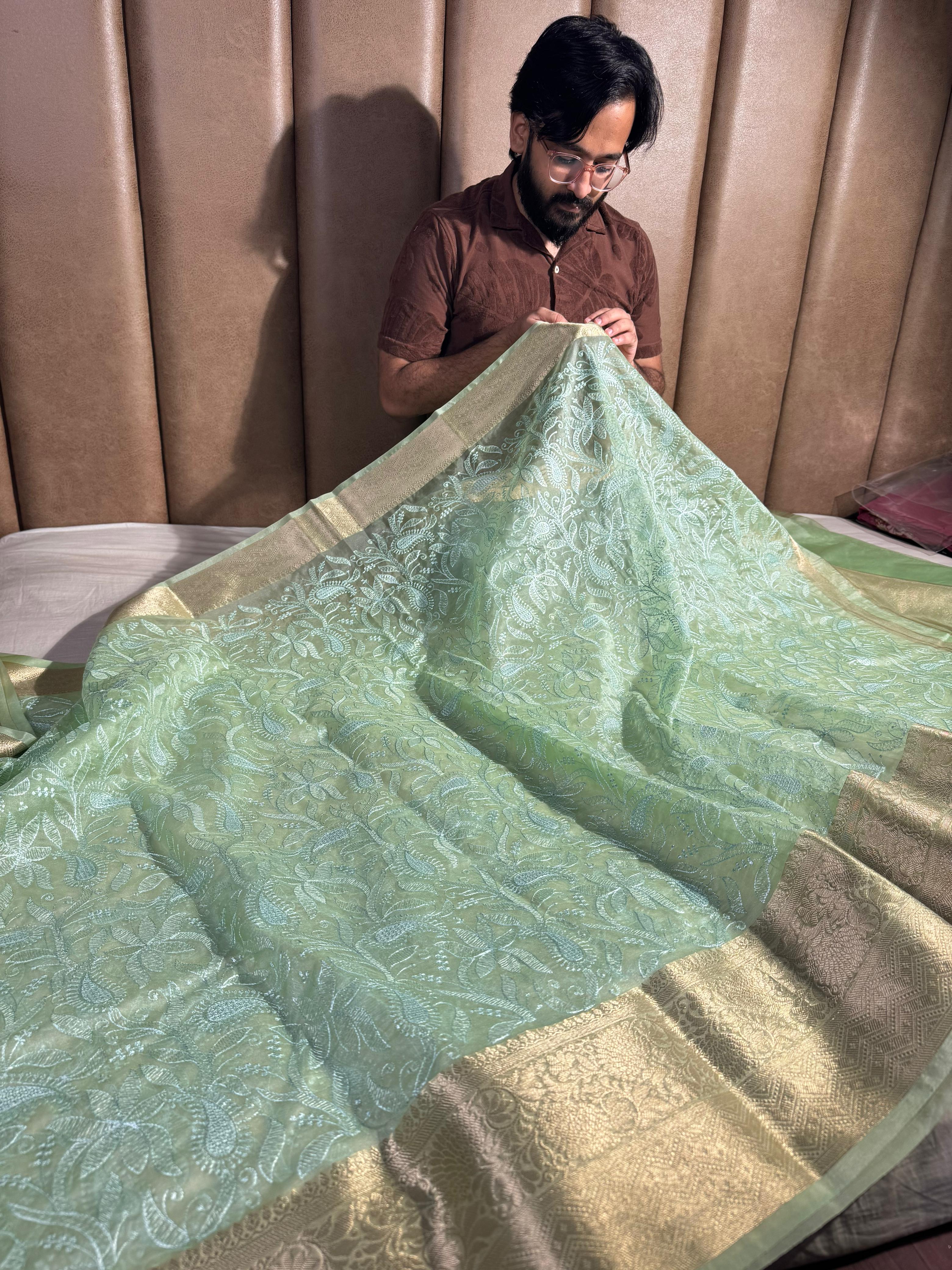 Sea Green Organza Silk Chikankari Work Banarasi Saree - Image 3