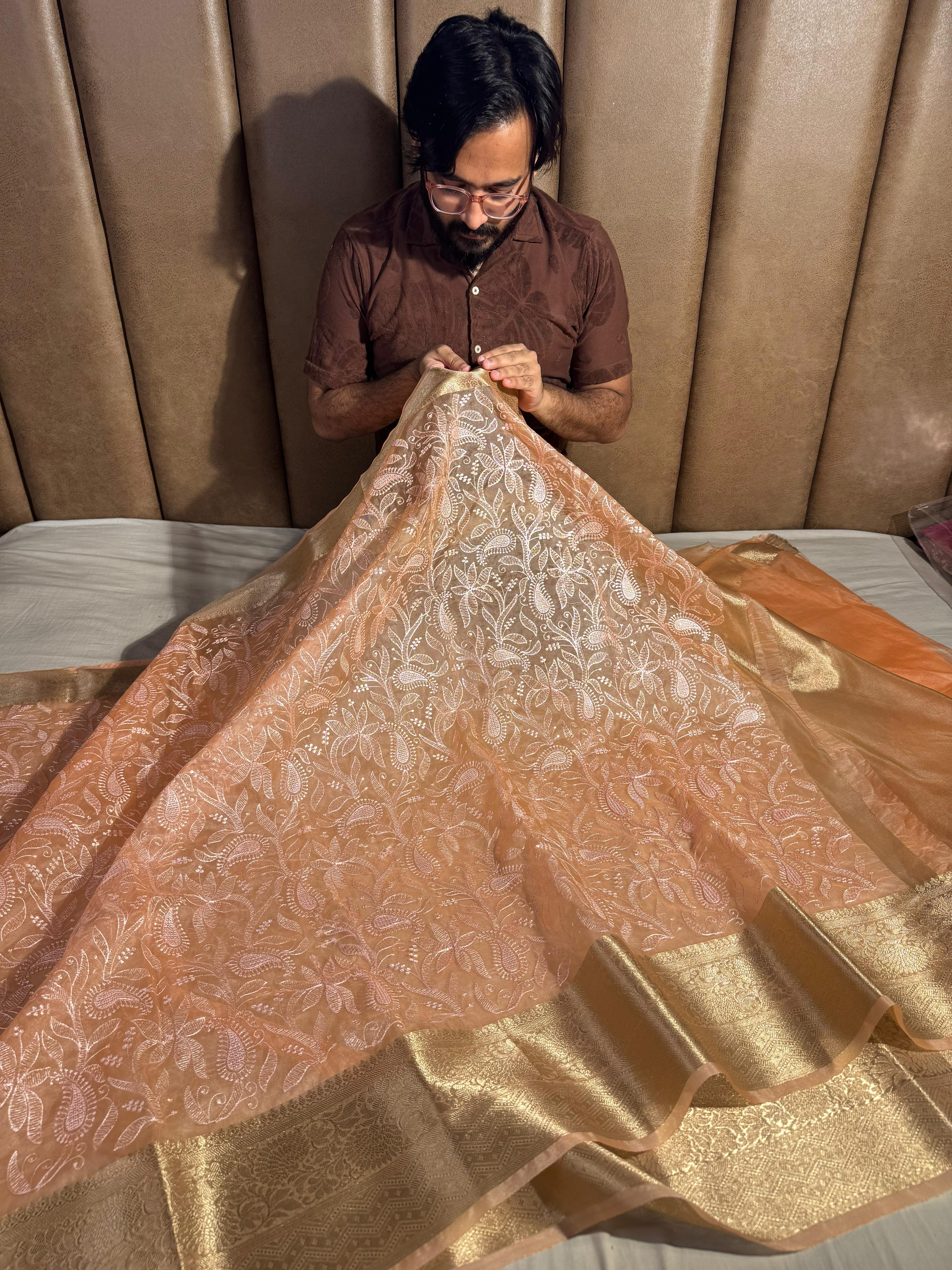 Pastel Peaches Orange Organza Silk Chikankari Work Banarasi Saree