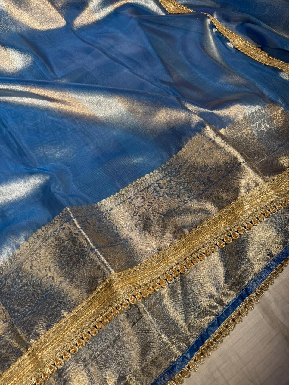 Metallic Blue Tissue Silk Designer Lace Attached Banarasi Saree - Image 2