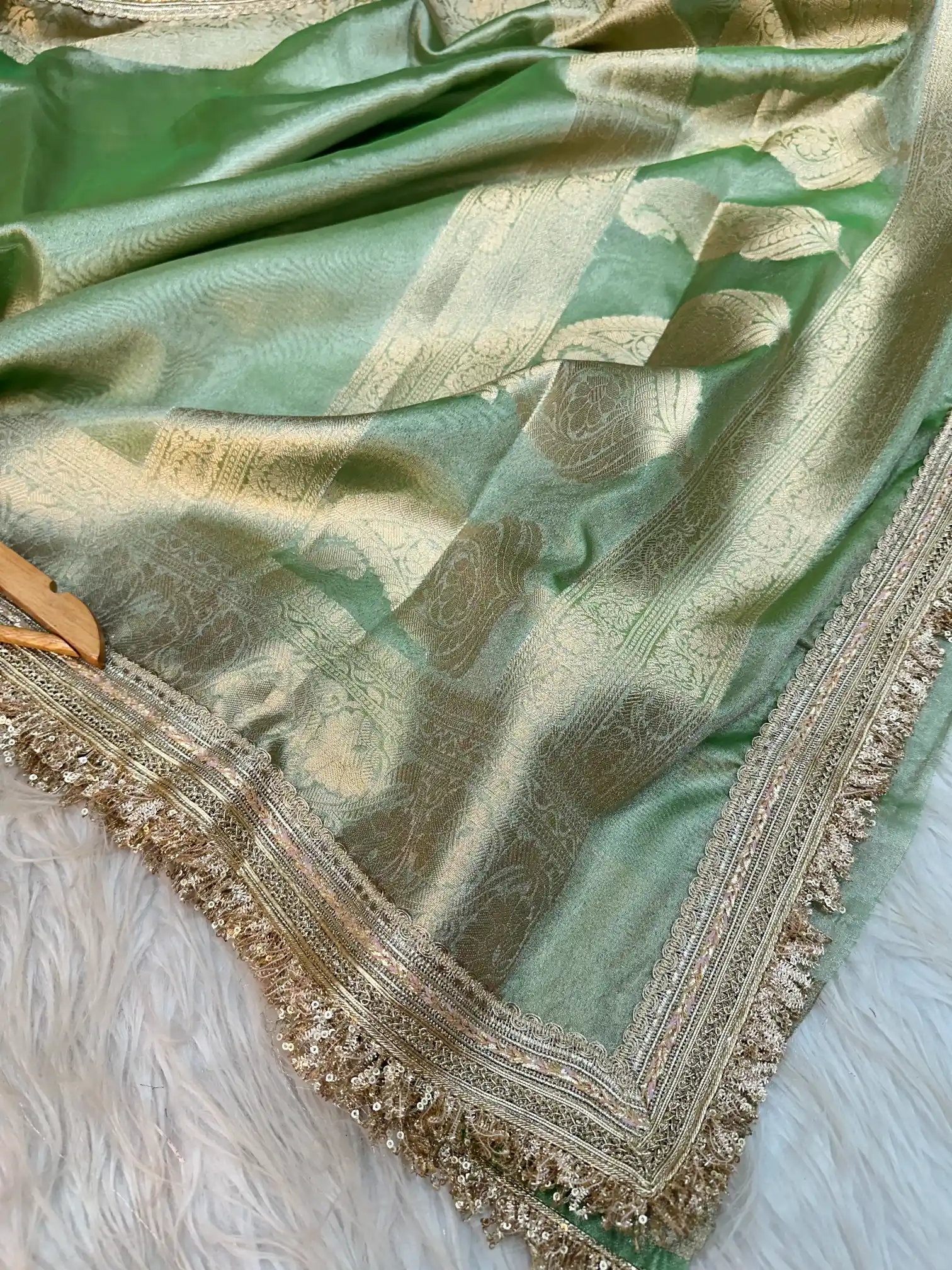 Metallic Green Banarasi Tissue Silk Saree with Exclusive Lace Work - Image 3