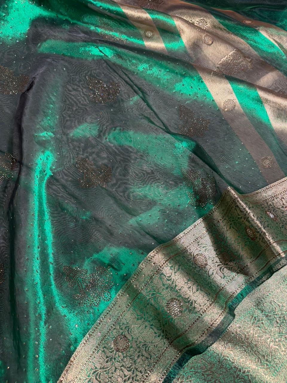 Metallic Green Kora Tissue Silk Swarovski Work Banarasi Saree - Image 3