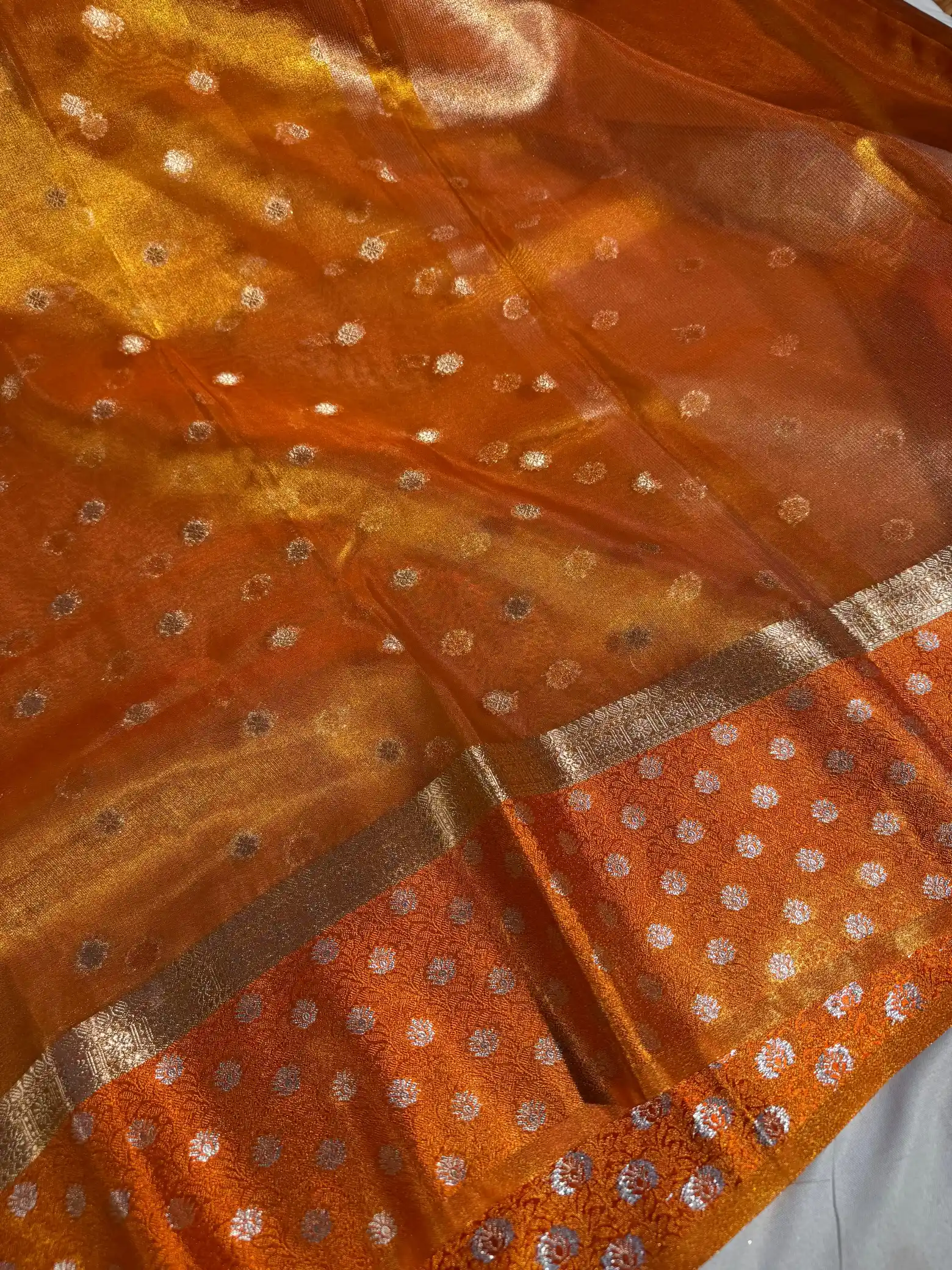 Metallic Orange Copper Paper Tissue Silk Saree with Rich Zari Pallu and Blouse - Image 2