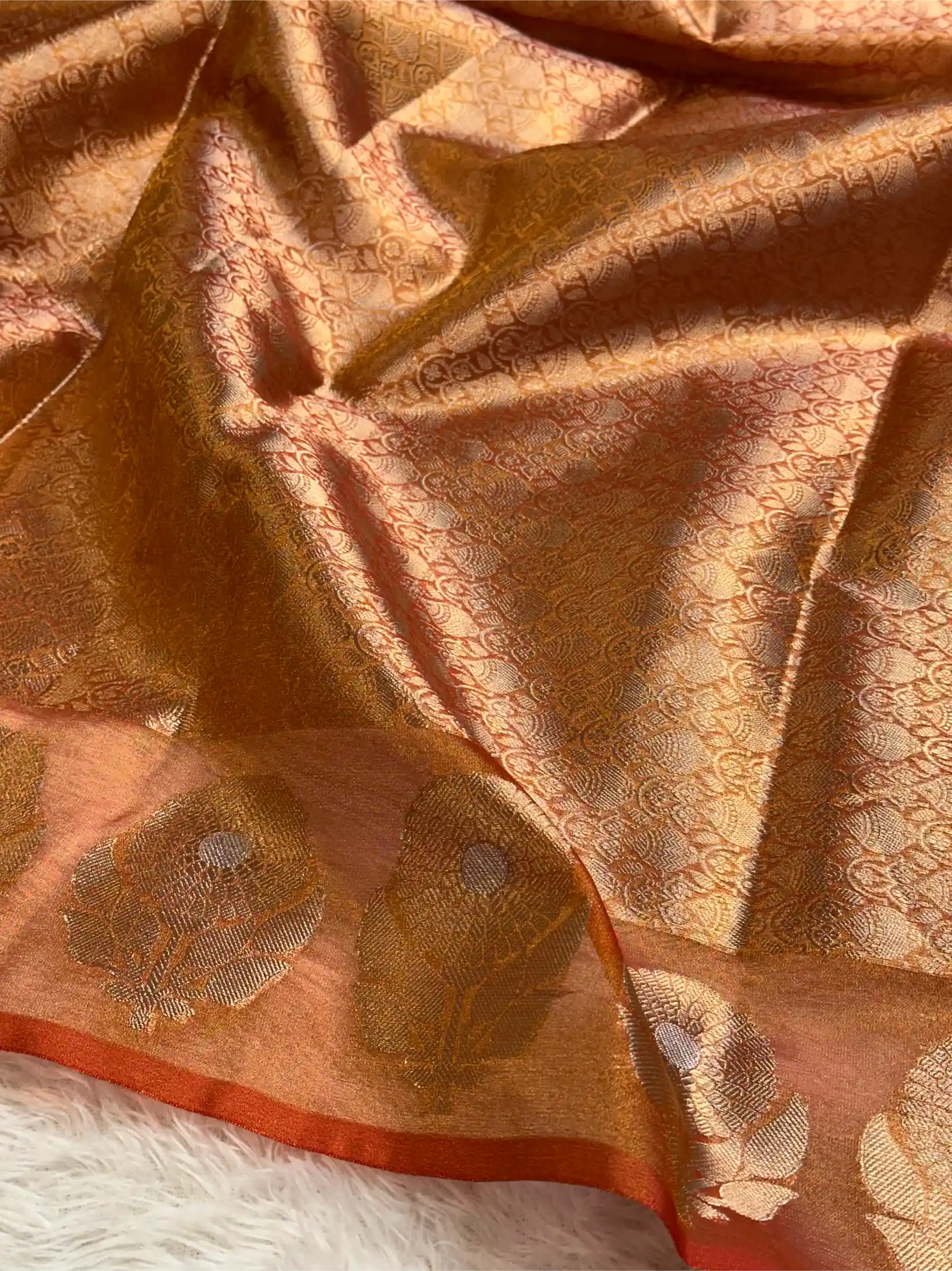 Metallic Orange Eccentric Soft Tissue Silk Banarasi Saree - Image 5