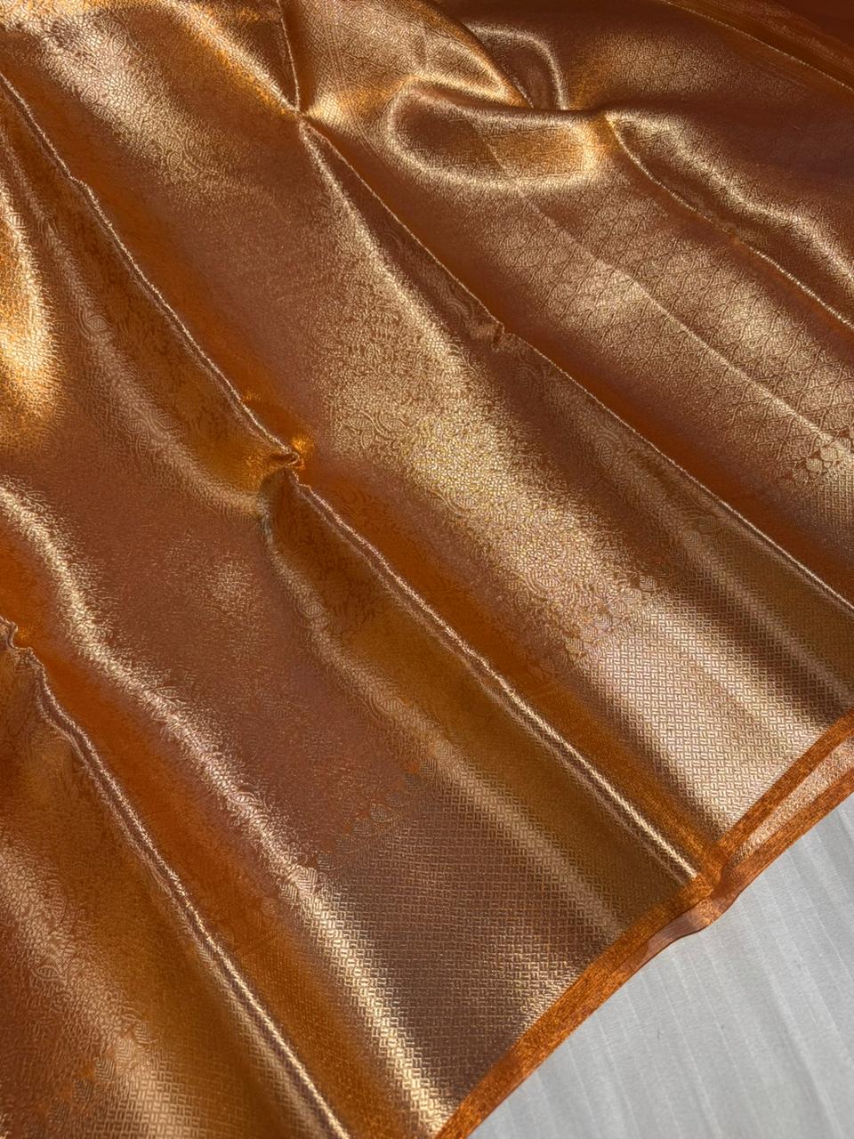 Metallic Orange Kanjivaram Bridal Tissue Silk Saree with Rich pallu and blouse - Image 2