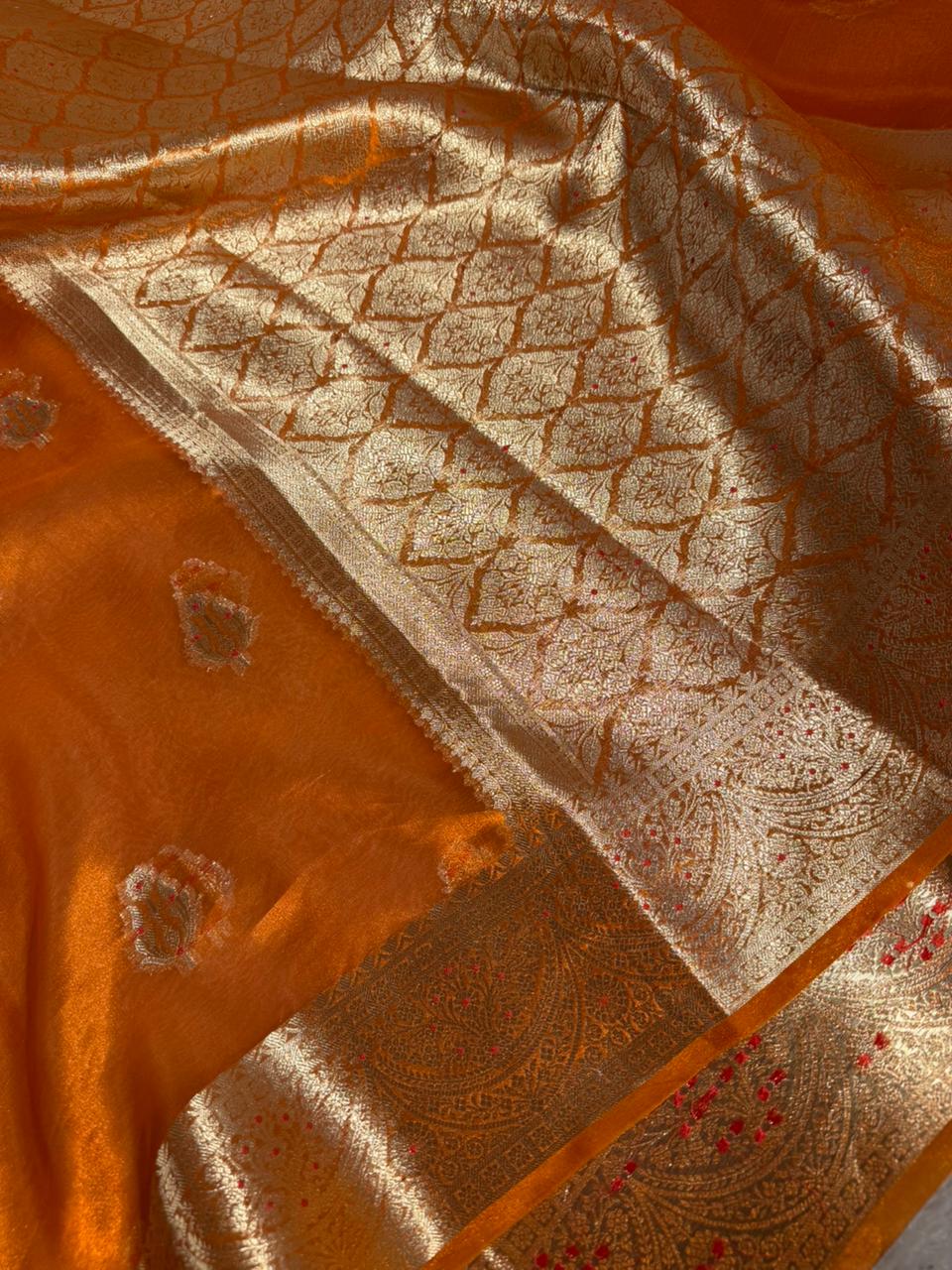 Metallic Orange Pure Tissue silk Meenakari Banarasi Saree - Image 2