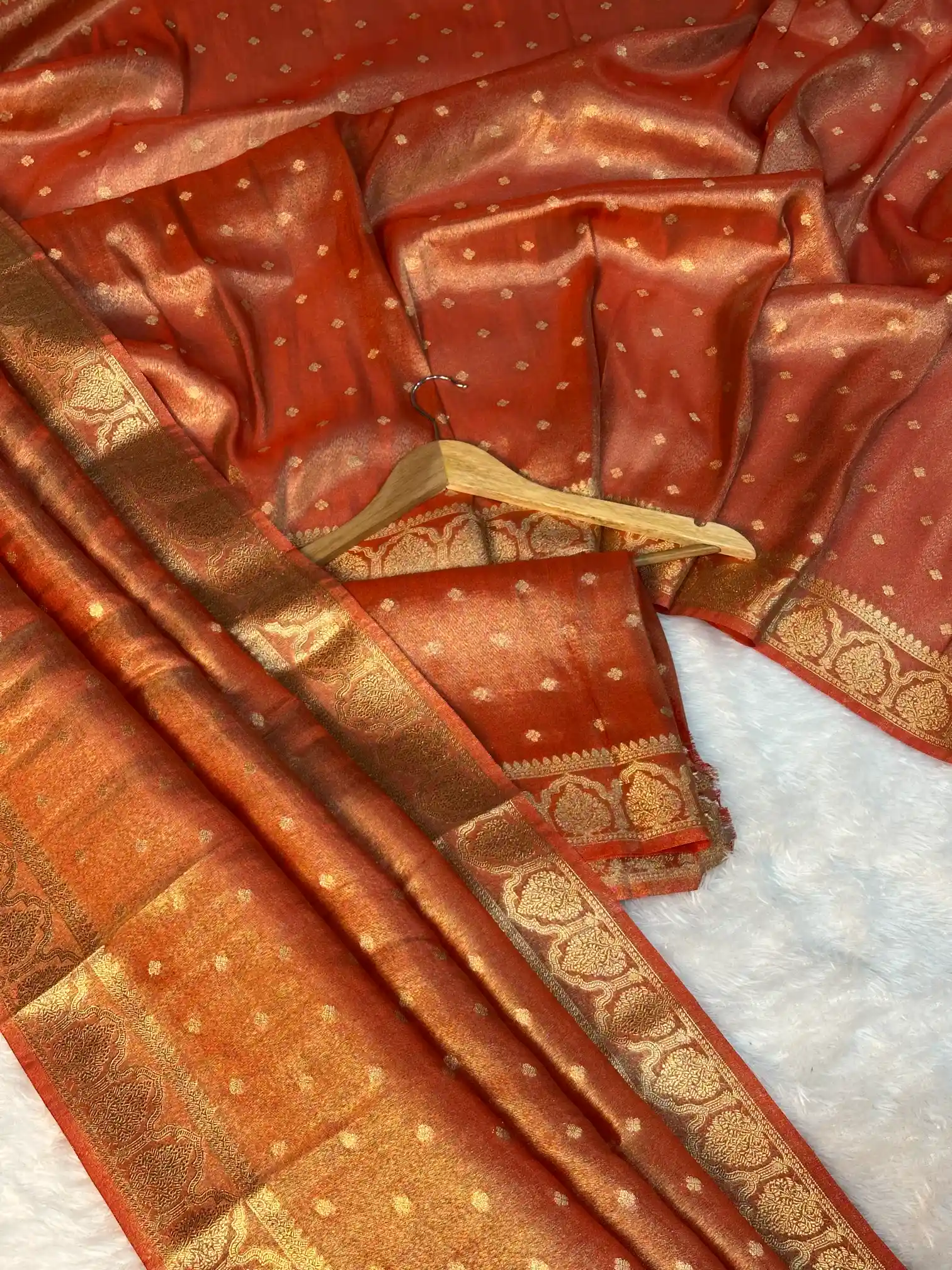 Metallic Orange Tissue Silk Traditional Buta Banarasi Saree - Image 3