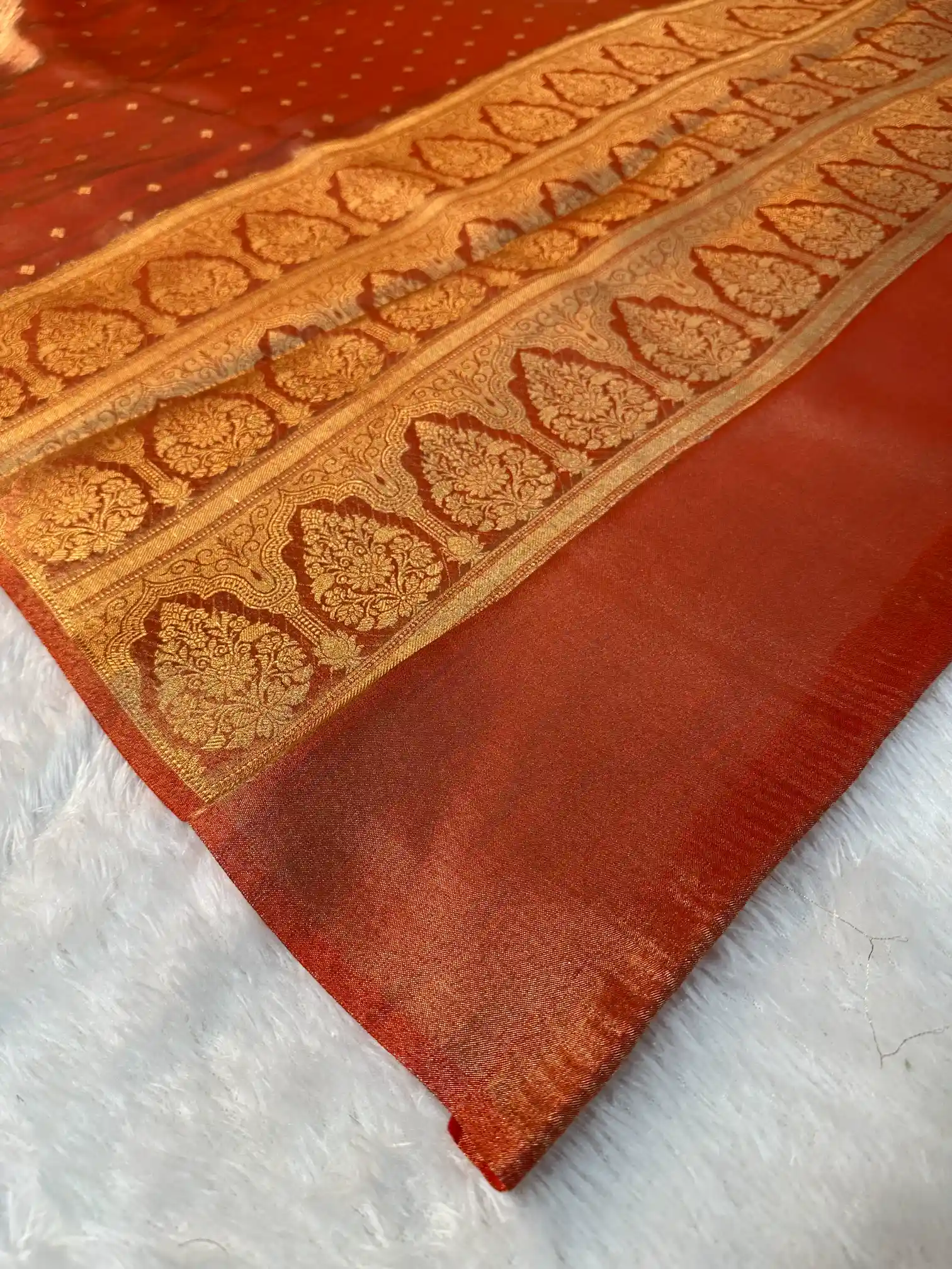 Metallic Orange Tissue Silk Traditional Buta Banarasi Saree - Image 6