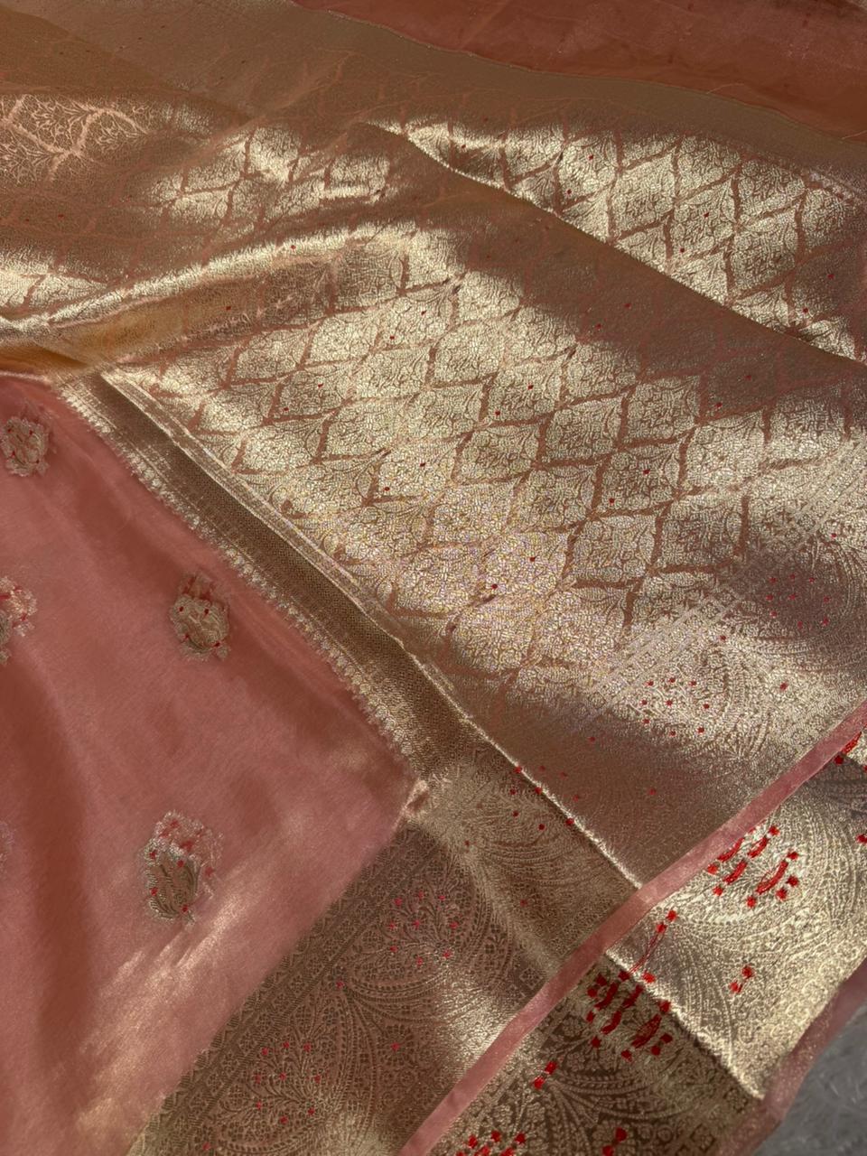 Metallic Peach Pure Tissue silk Meenakari Banarasi Saree - Image 2
