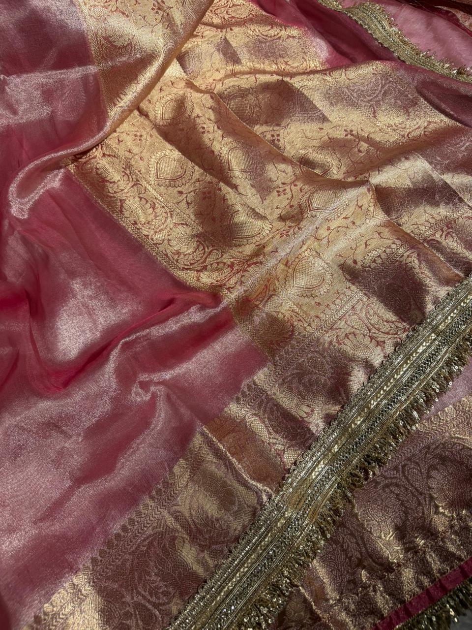 Metallic Pink Tissue Silk Zari Jacquard Lace Work Banarasi Saree - Image 2