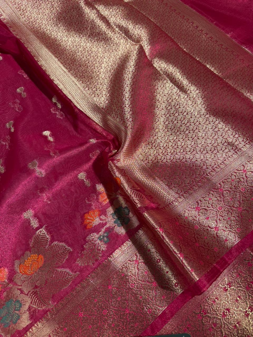 Metallic Rani Soft Tissue Silk Meenakari Banarasi Saree - Image 2