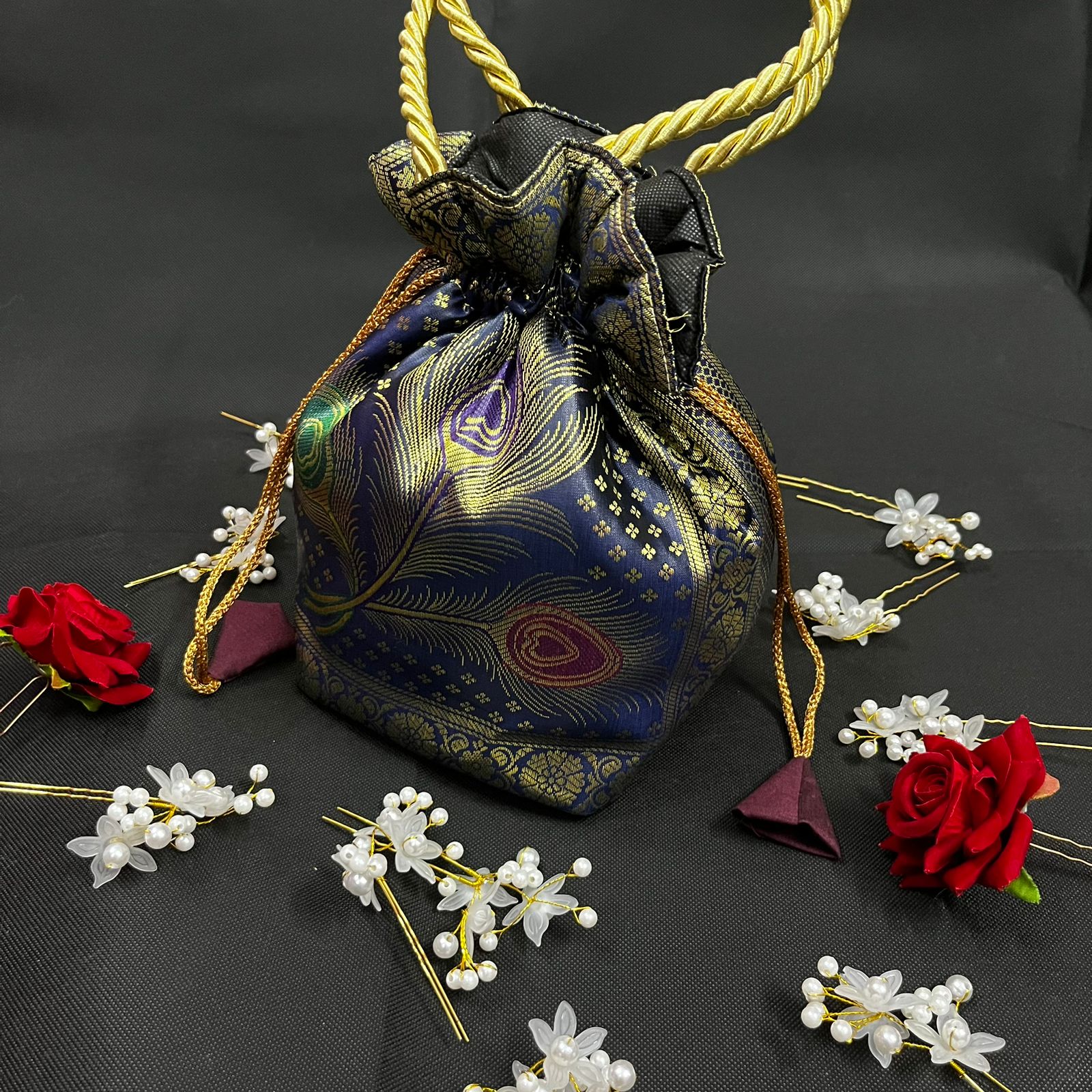 Navy Blue Banarasi Potli Bags - Image 3