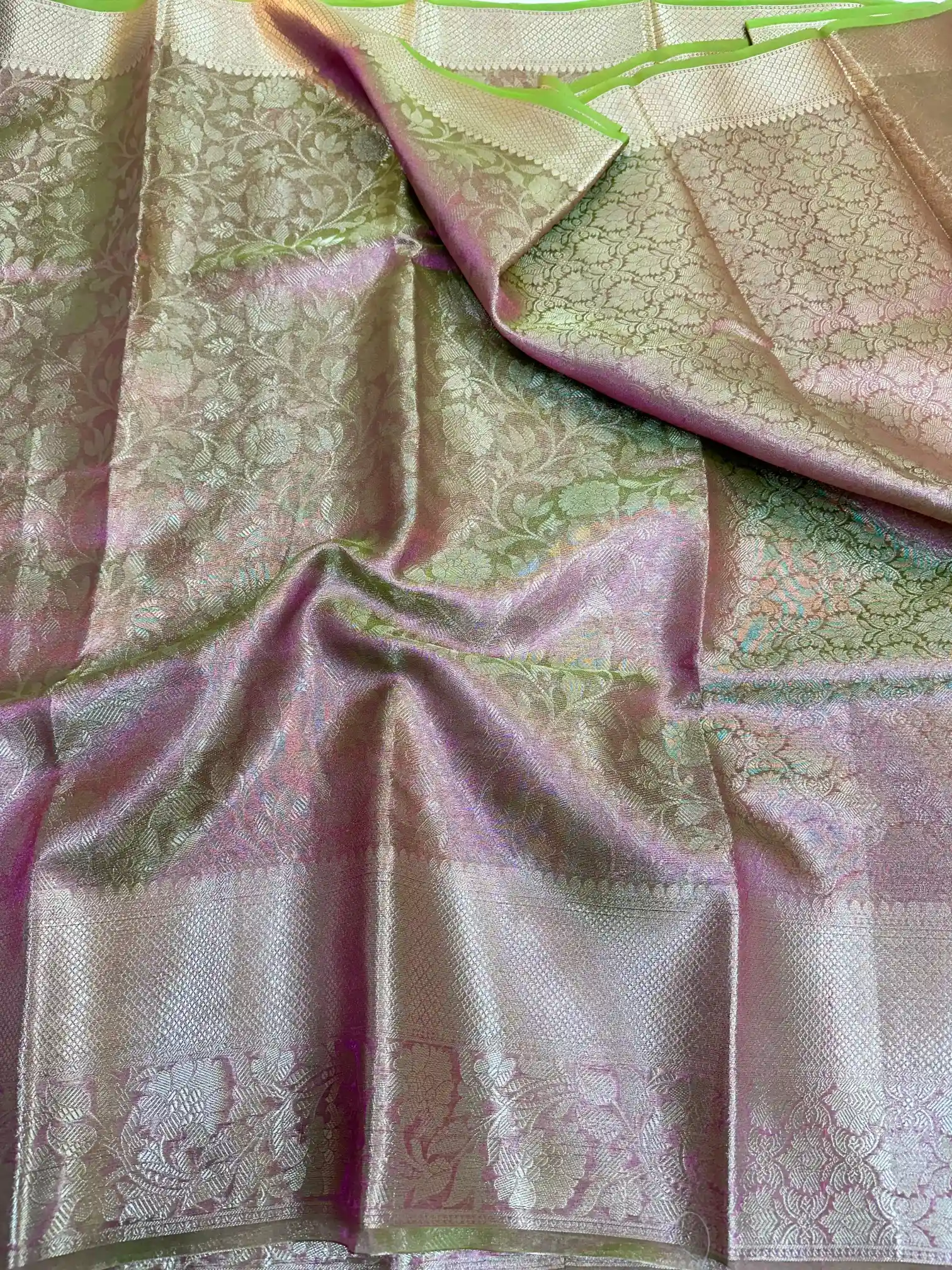 Neon Pink Kubera Pattu Glass Tissue Silk Saree