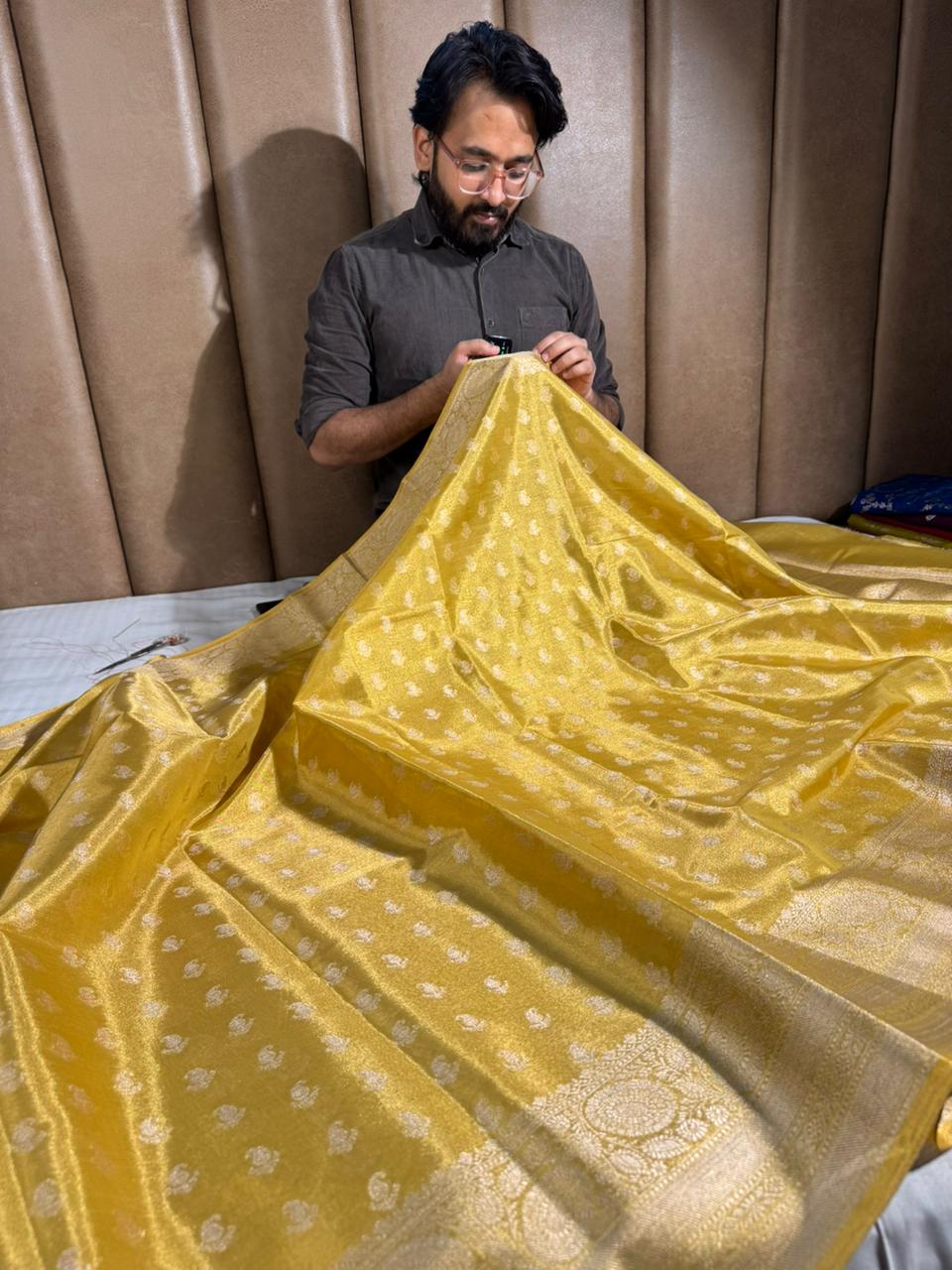 Never Seen Before Copper Tissue Silk Saree with Rich Pallu and Blouse - Image 3