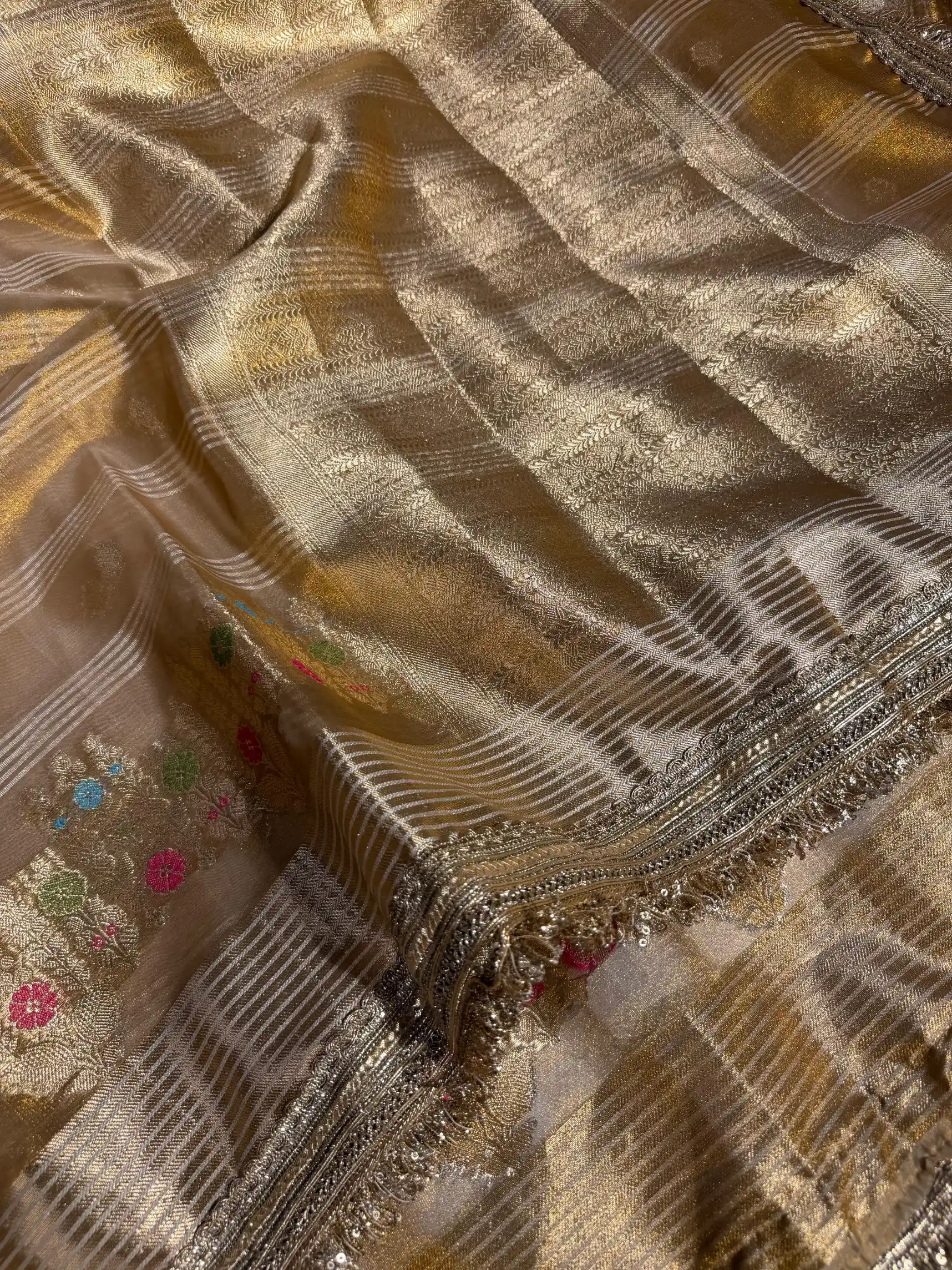 Never Seen Copper Tissue Silk Designer Lace Work Banarasi Saree - Image 2